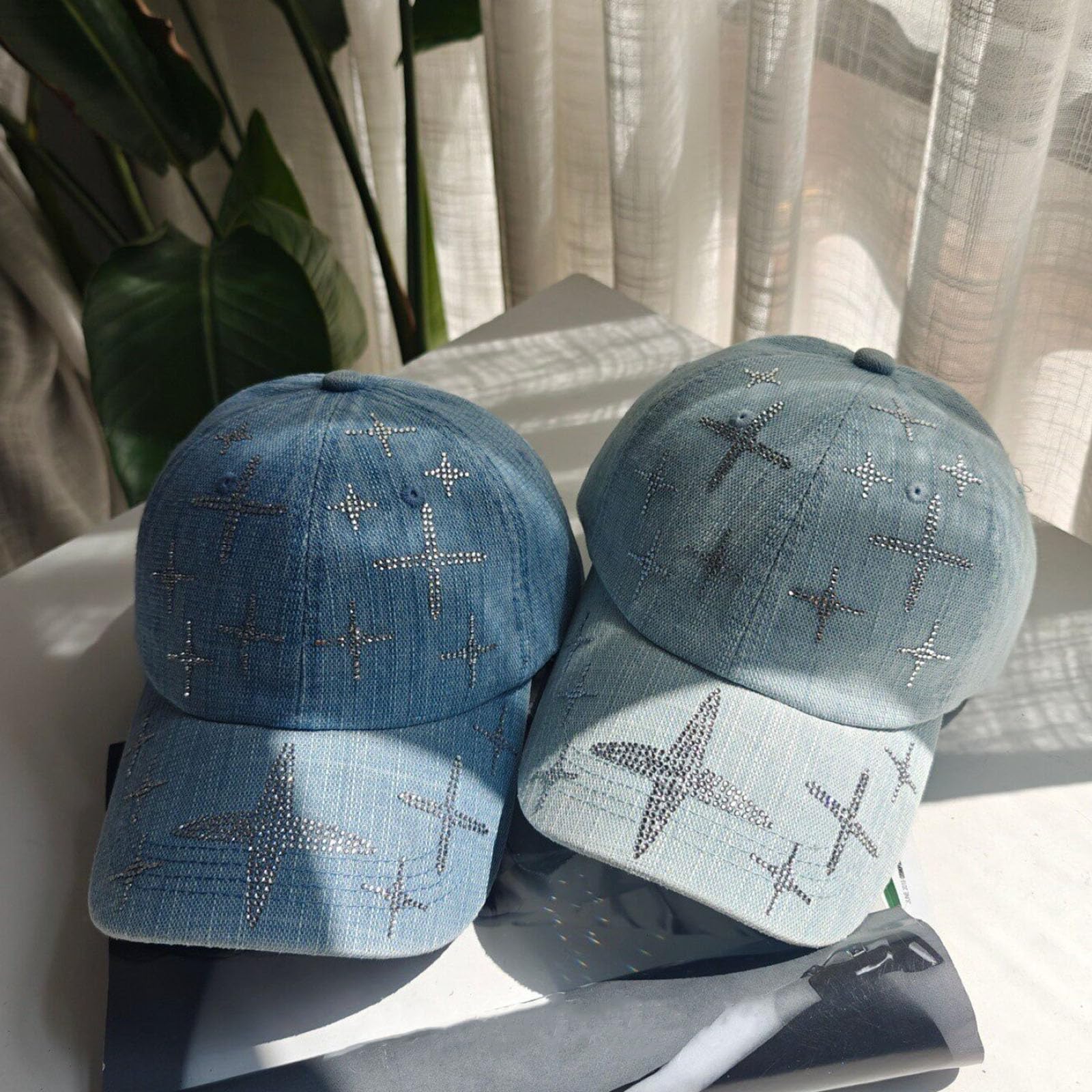 Cappellino Da Baseball Con Strass Da Donna Moda Casual Per Esterni Protezione Solare Scintillante Regolabile in Denim