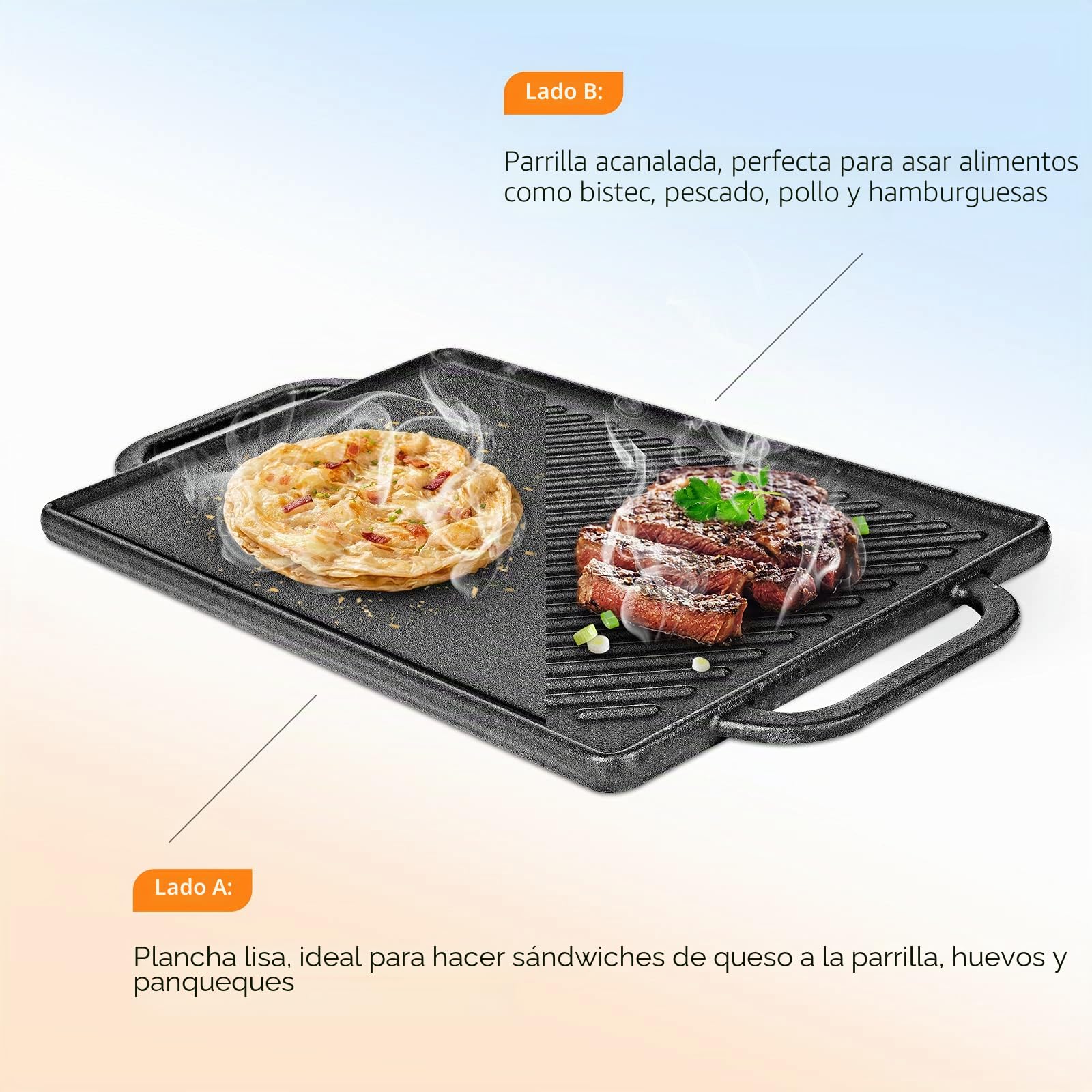 GFTIME Plancha de Hierro Fundido 33 x 21 cm para Horno, Cocina y Barbacoa, 2 en 1 Parrilla Reversible, 1 Paquete