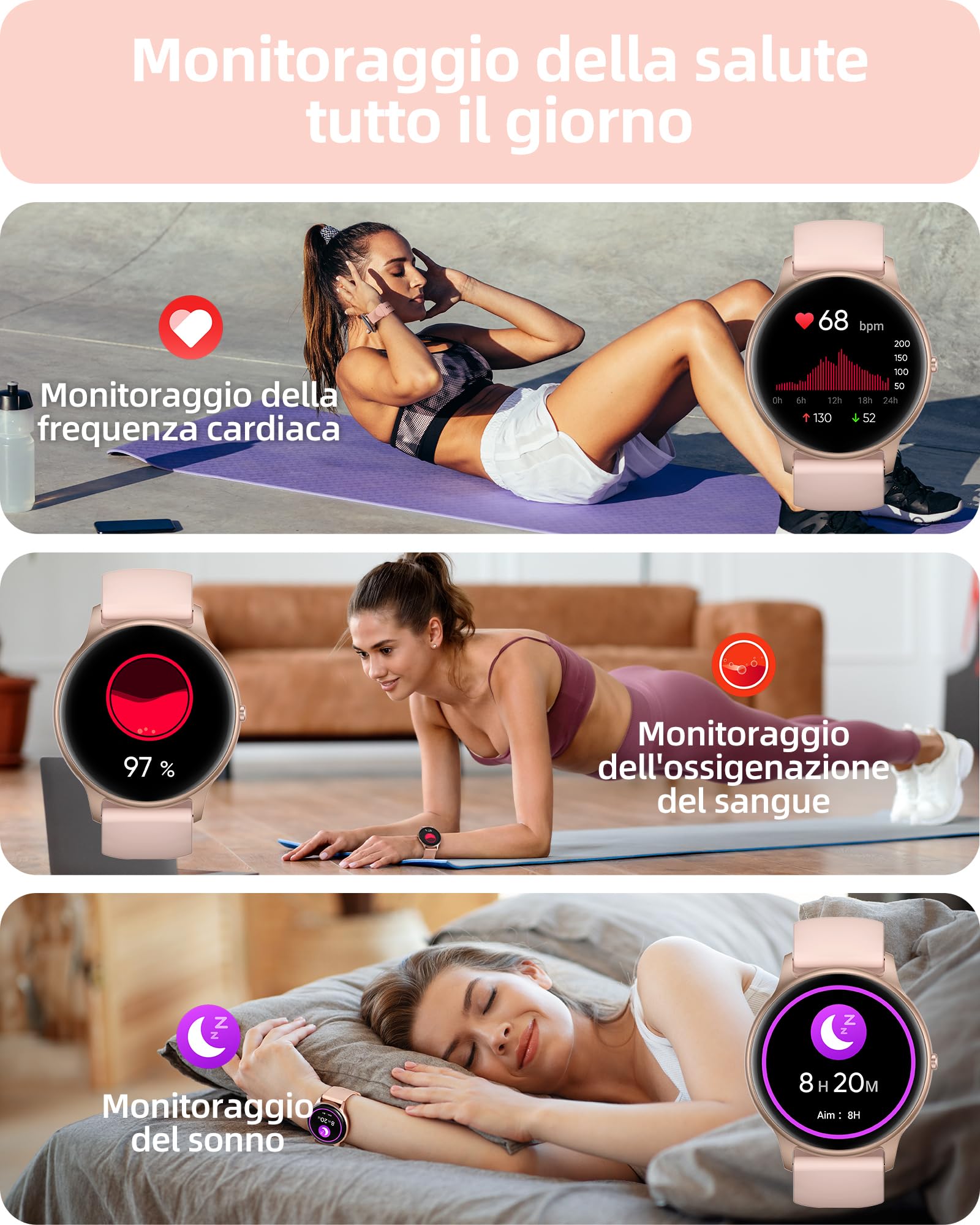 Parsonver Smartwatch Donna con Chiamate Bluetooth, 100+ Modalità Sportive | 1.32" Fitness Sportivo Orologio con Monitor del SpO2/Sonno/Frequenza Cardiaca, Smart Watch per Android iOS, Oro Rosa, SPROD1
