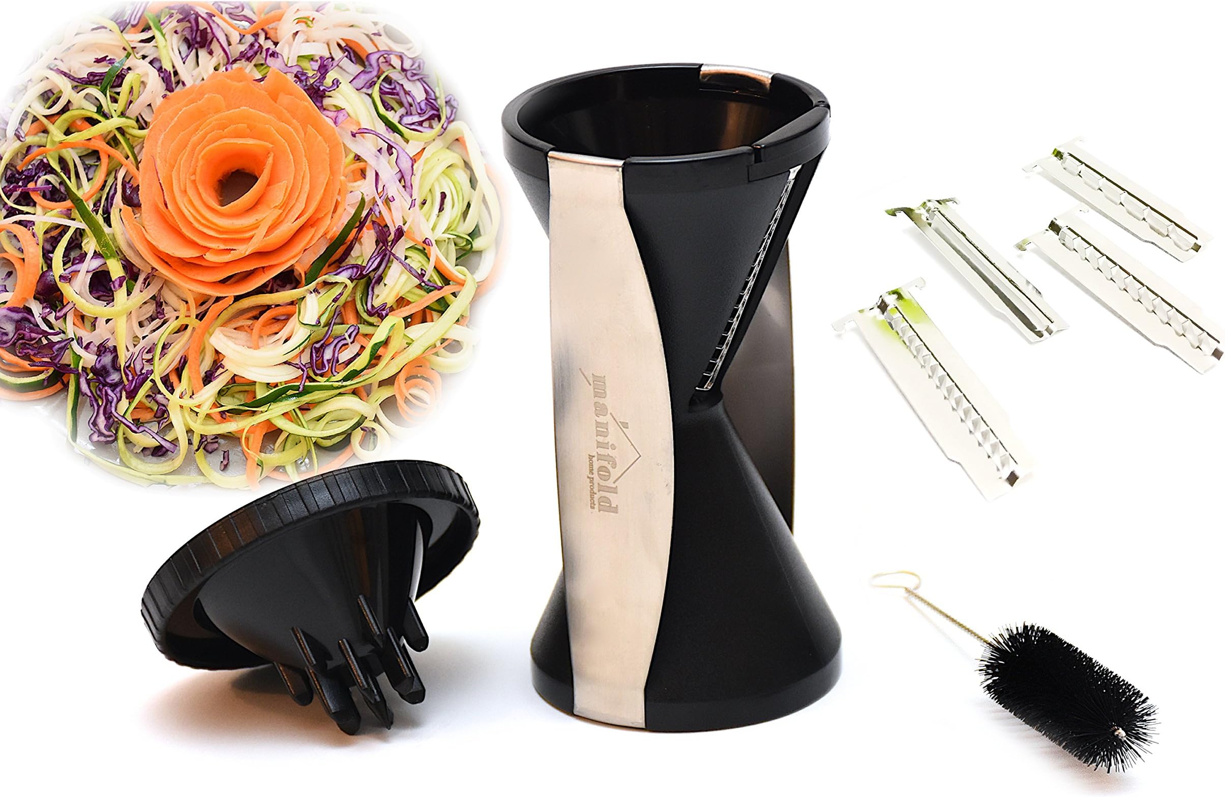Handheld Spiralizer Vegetable Slicer with 4 Interchangeable Stainless Steel Blades - Spiralizes, Slices, Shreds, Cuts Ribbons, and Zoodles - Handheld Cleaning Brush - Dishwasher Safe (Black)