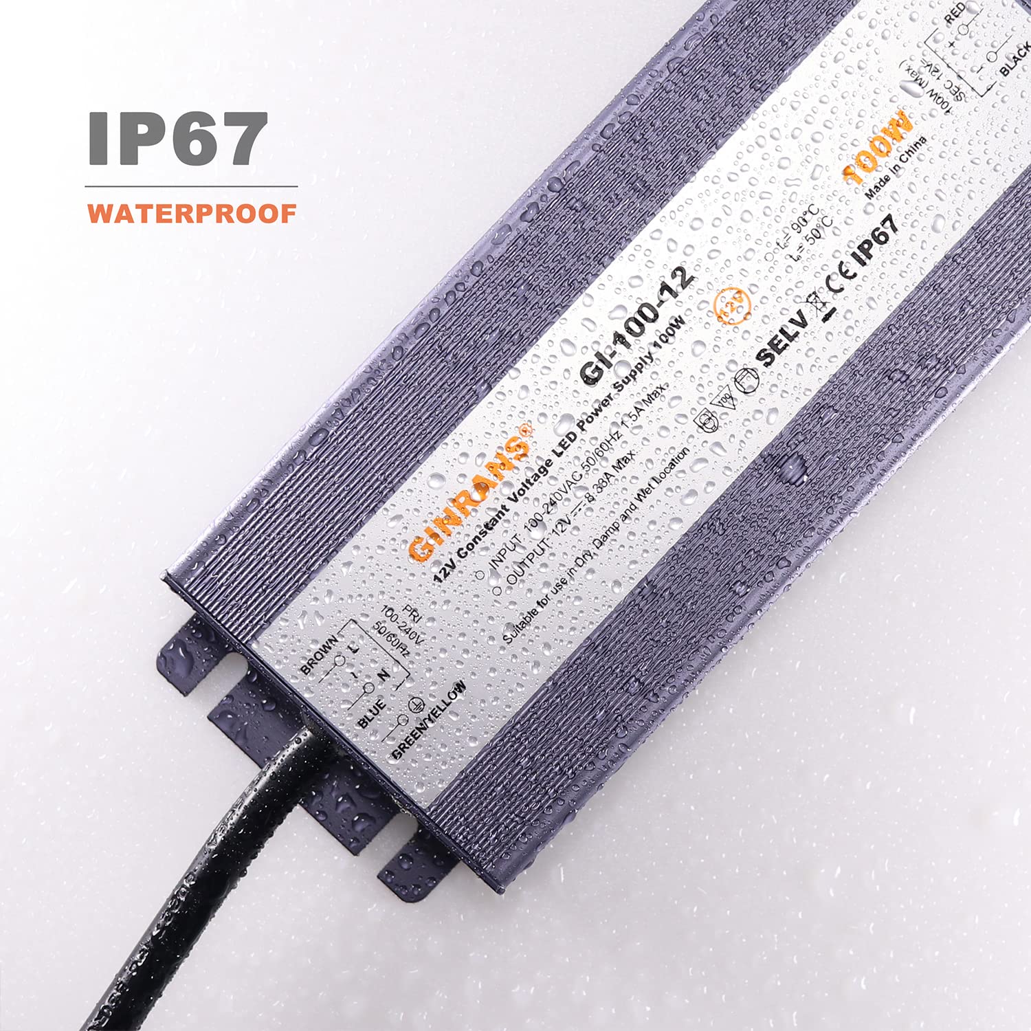 Driver de Fuente de Alimentación LED de Voltaje Constante Impermeable IP67 de 100W, Entrada Universal 100-240V AC con Enchufe, Salida 12V DC 8,33A Máx. para Iluminación LED Exterior