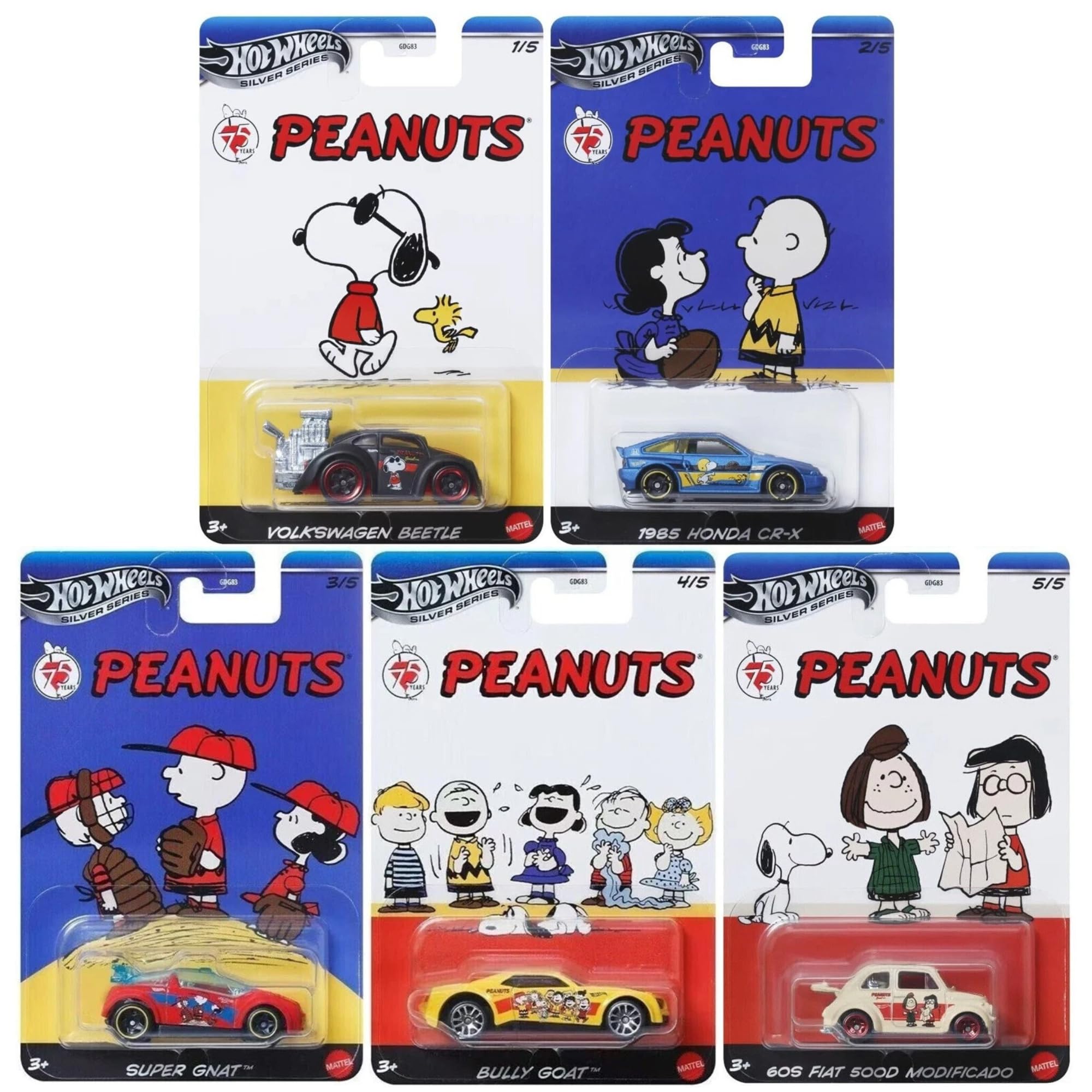 Hot Wheels 1:64 Scale Cars, Racecars, Trucks & Bikes - (Silver Series Peanuts Set of All 5) โ image 1