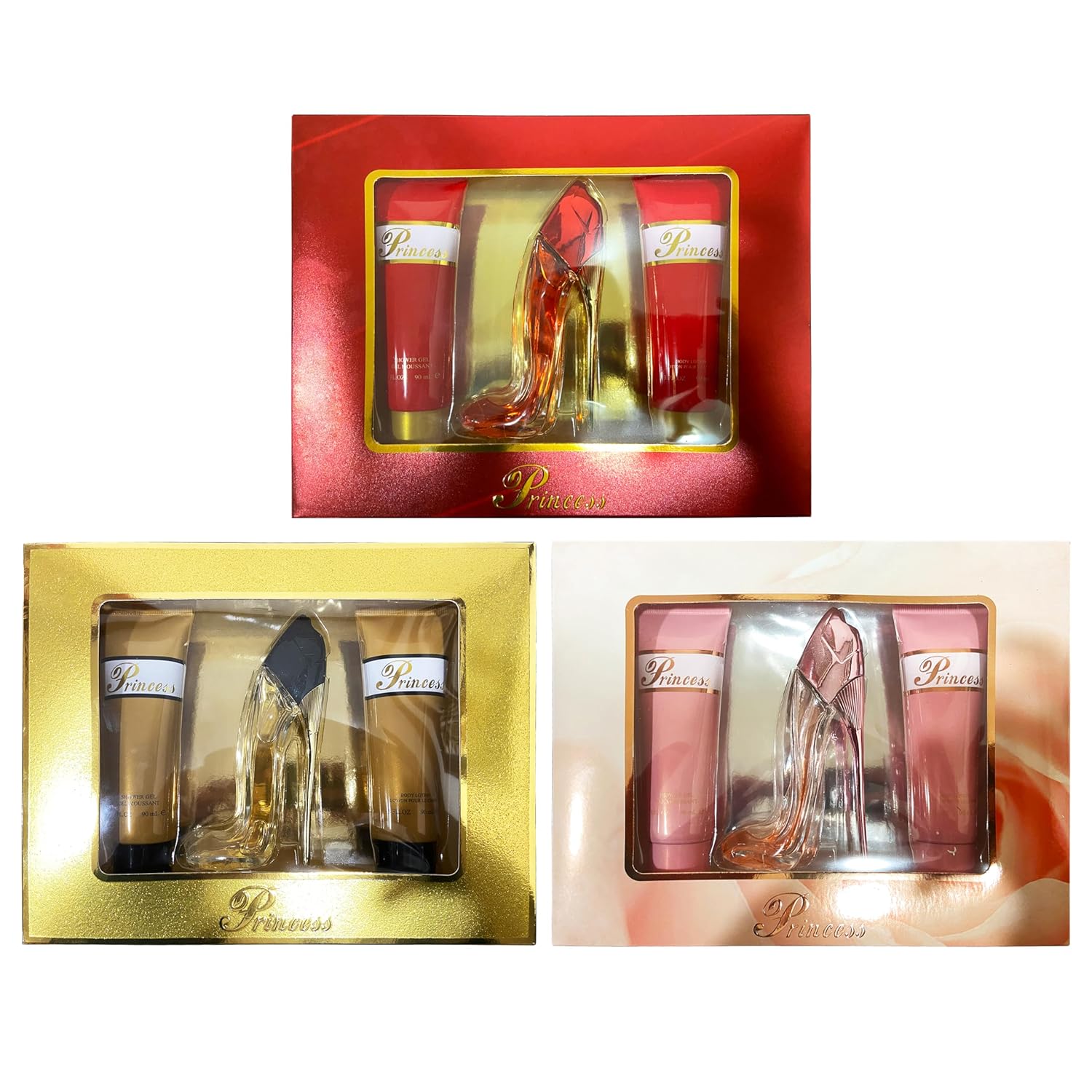 META-BOSEM 3 Sets (Prinss Red+Prinss Pink+Prinss Gold) of Women's Fragrance Set - Sweet Floral Scent - Great Holiday Gift - a High-Heel Classic Bottle (90ml Shower Gel+50ml EDT+90ml Body Lotion)