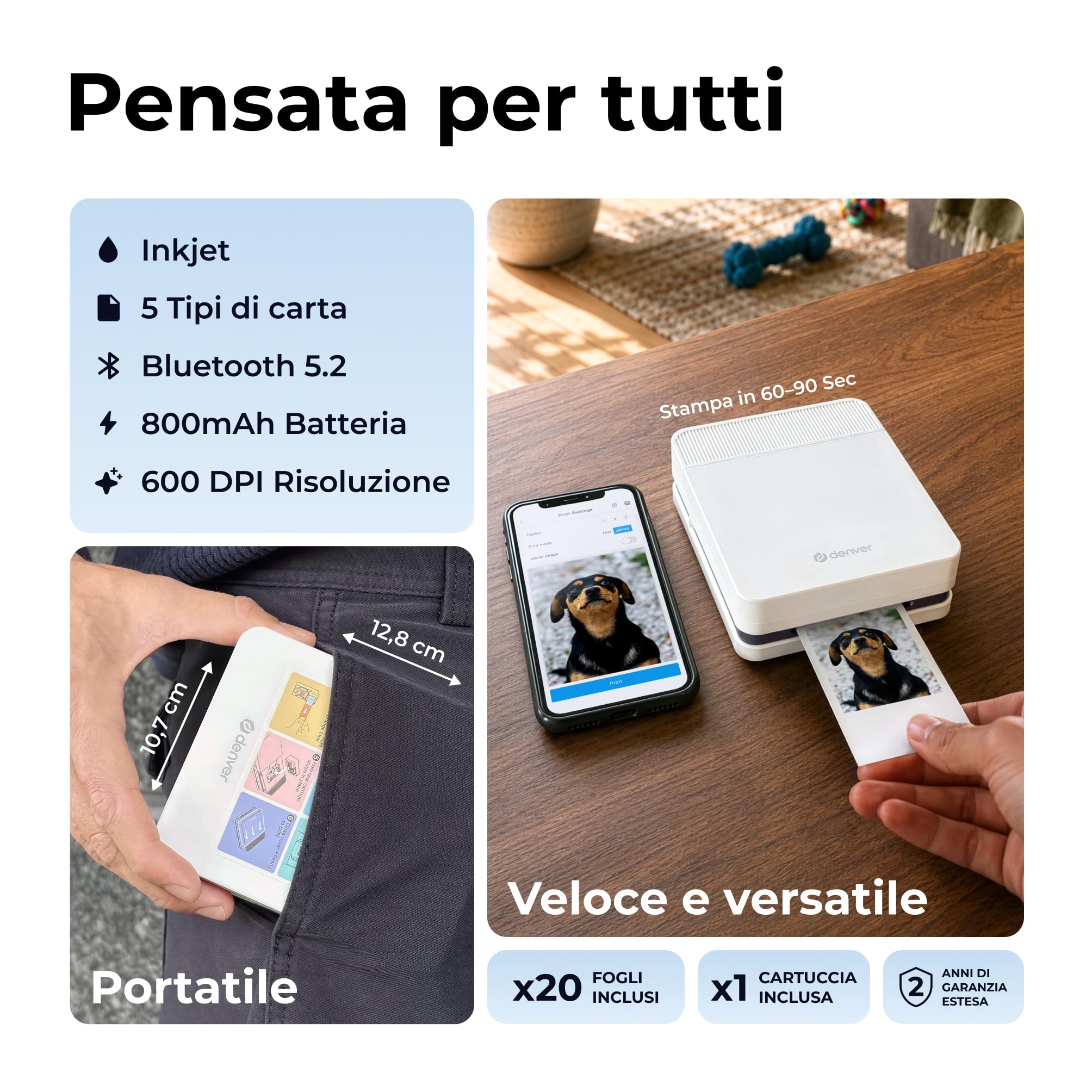 Denver MCP-6010 Mini stampante fotografica per smartphone, stampante portatile a colori con Bluetooth 5.2, 600 DPI, iOS e Android, stampante fotografica portatile con batteria, cartuccia e set di 20