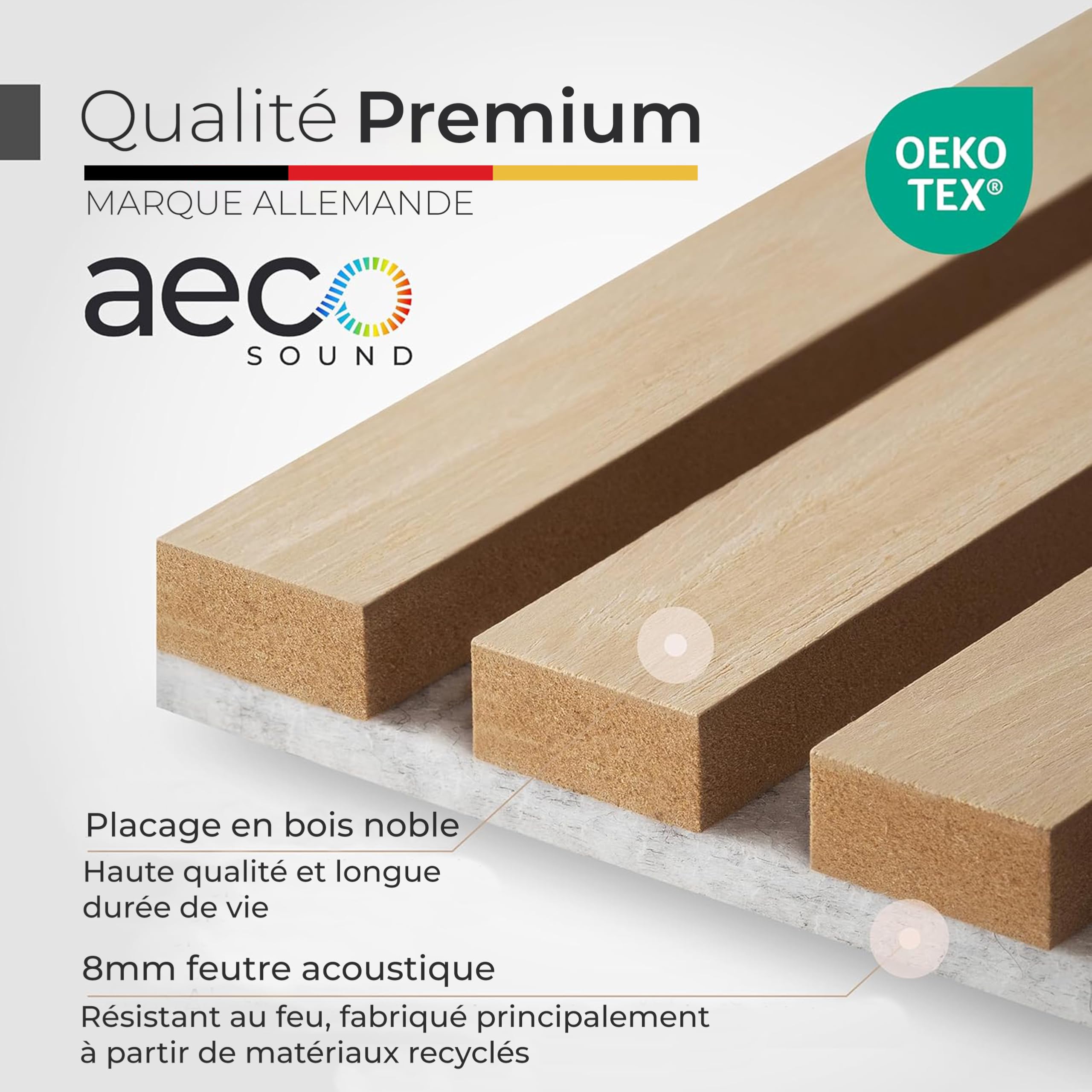 Panneaux Acoustiques en Bois | 4 Pièces, chaque 120x60cm | Placage en Bois Véritable (Chêne) & Feutre Acoustique (Gris) | Set de 4 = 2,88m² | Revêtement Mural, Isolation Phonique