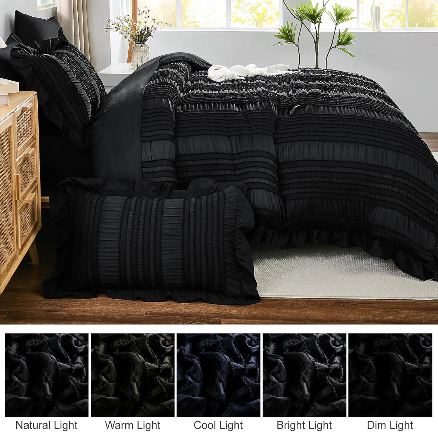 WONGS BEDDING Black Comforter Set King,7 Pieces Ruffle Comforter Set with Sheets,Textured Bed in a Bag for King Bed 104"×90" - Image 5