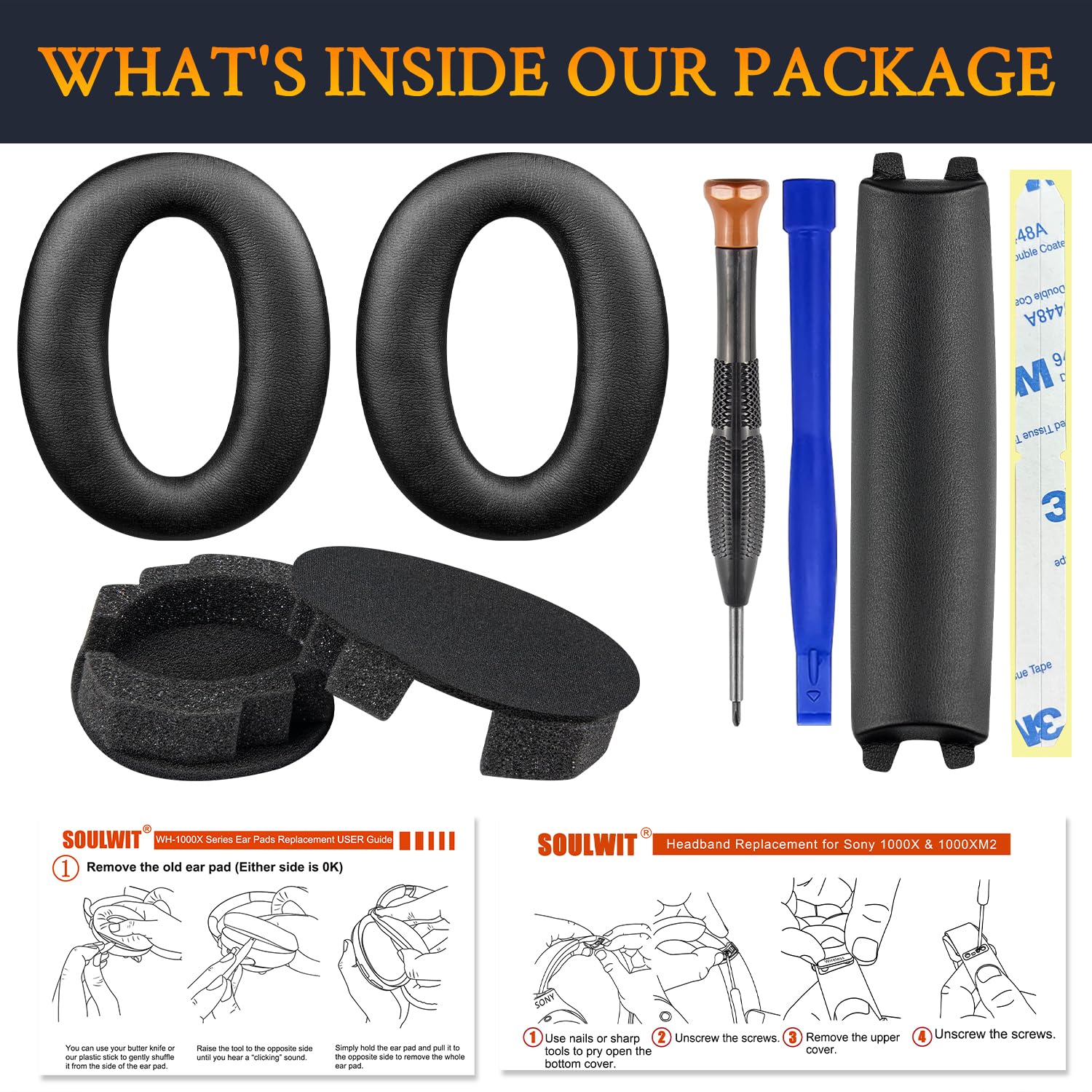 SOULWIT Cuscinetti Auricolari + Archetto, Ricambio Kit per Sony WH-1000XM2 (WH1000XM2) e MDR-1000X (MDR1000X) Cuffie, Padiglioni Cuffie e Fascia Superiore - Nero