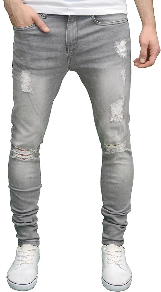 Enzo Mens Ripped Super Stretch Skinny Distressed Jeans (30W x 34L, Grey