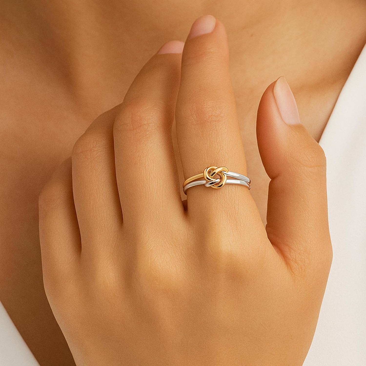 925 Sterling Silver & 18K Gold Plated Love Knot Ring – Two Tone Knot Design, Minimalist Jewelry for Women, Adjustable Promise Ring Gift