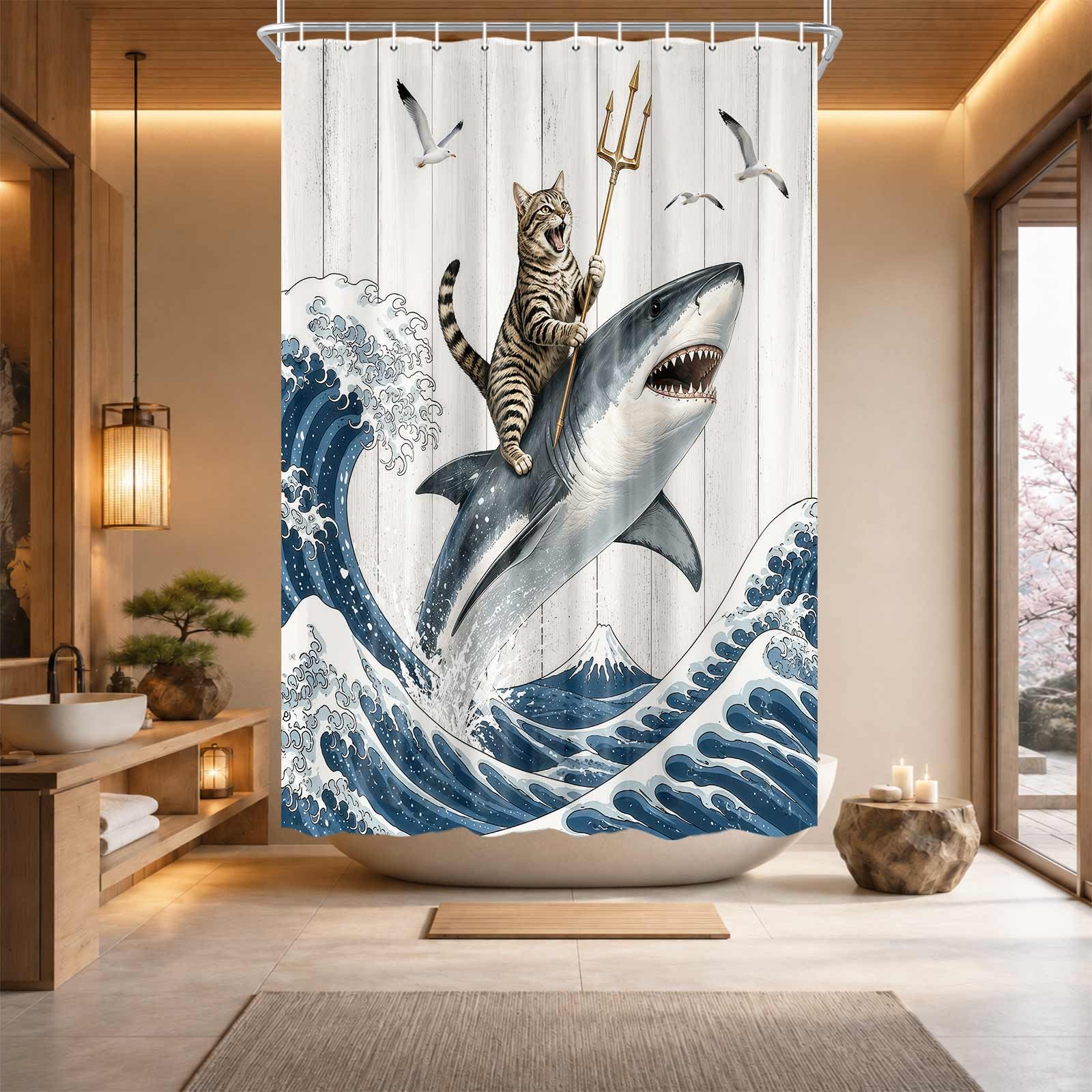 Boziqr Funny Cat Shower Curtain, Cool Cat Shark Ocean Wave Bathroom Decor