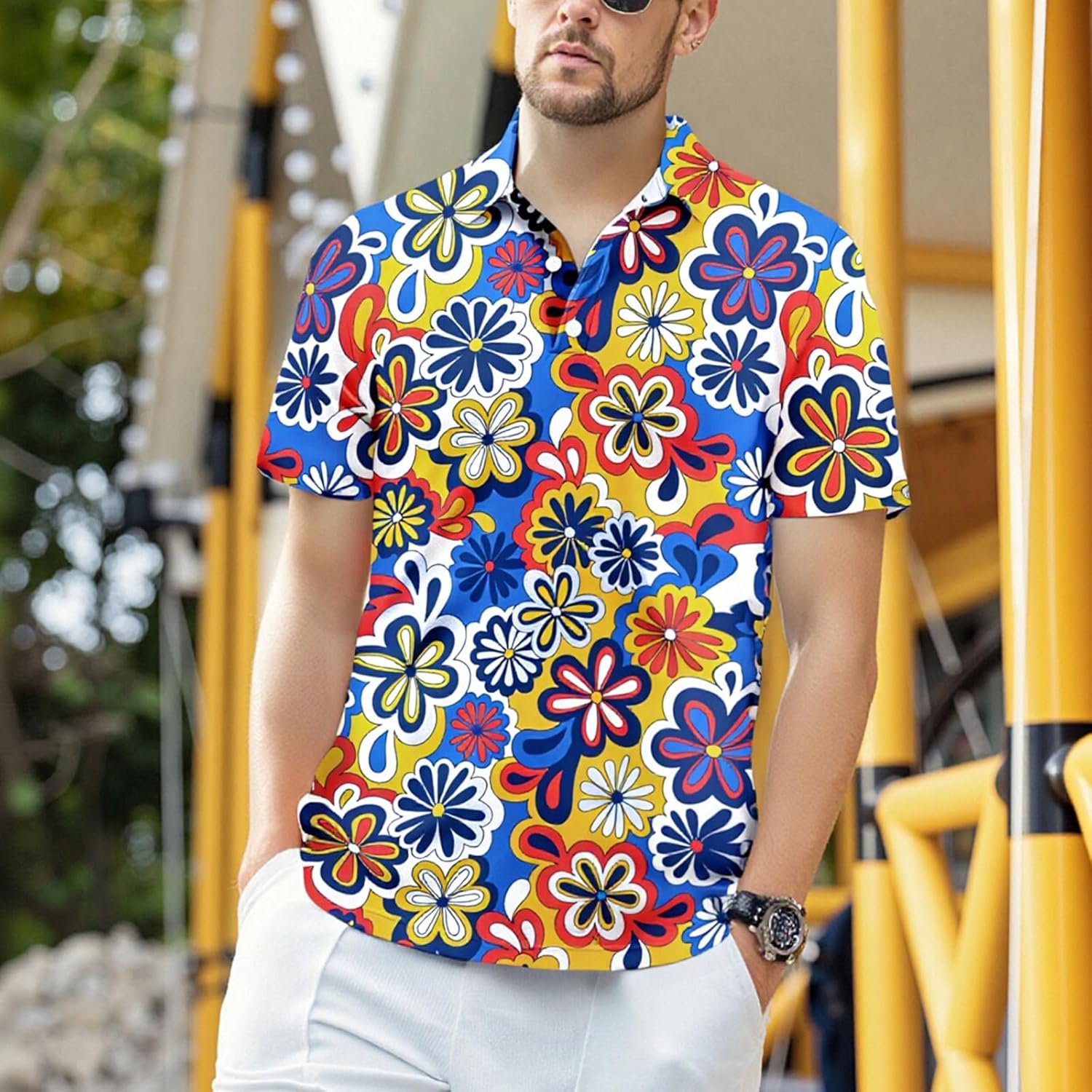 Men's Disco Hip Hop Vintage Shirts Funny Beach Dry Fit Retro Paisley Tops 80s Flower Blue S - Image 6