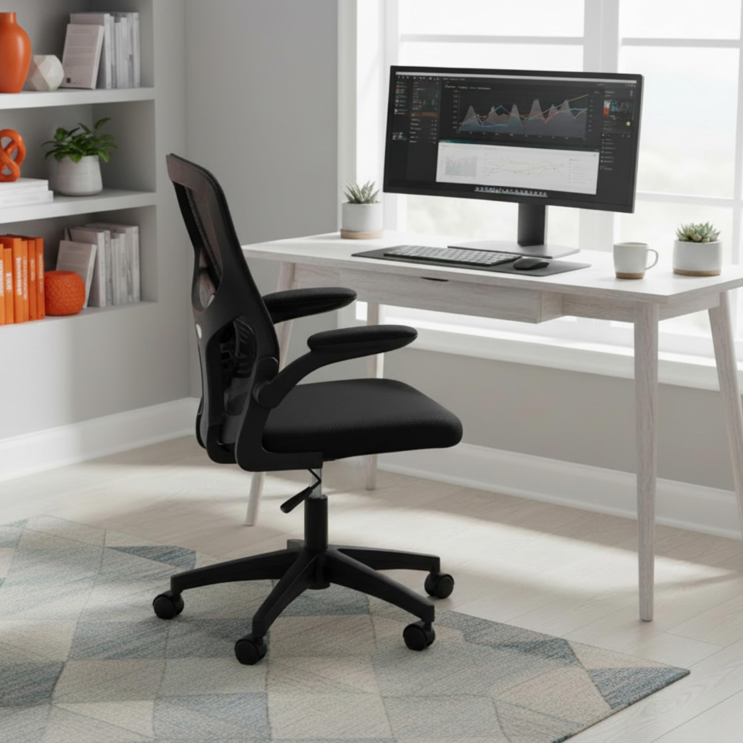 Baroni Home Sedia da Ufficio Ergonomica con Supporto Lombare, Braccioli Reclinabili Imbottiti, Schienale Traspirante, Altezza Regolabile 56x59x100cm (Nera)