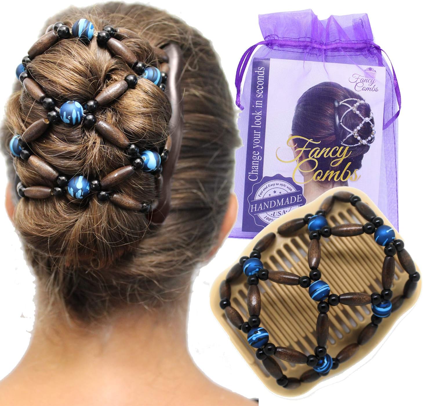 Wooden Thick Hair Clips, The Best Hair Accessories for Women - Bun Holder, French Twist Holder, Ponytail - Decorative Hair Combs with Interlocking System. (Beige, Blue Beads)