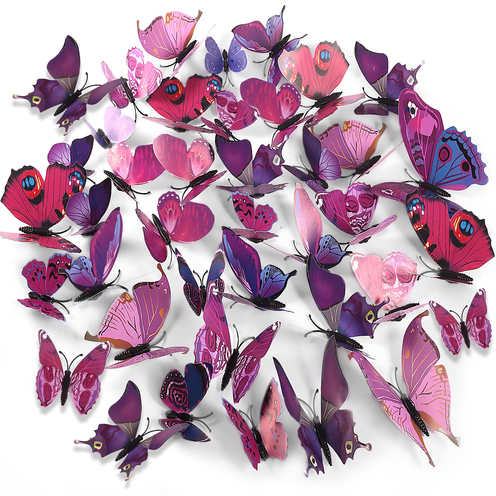 Foonii 72 PCS 3D Schmetterlinge Wanddeko Aufkleber Abziehbilder,schlagfestem Kunststoff Schmetterling Dekorationen, Wand-Dekor Lila
