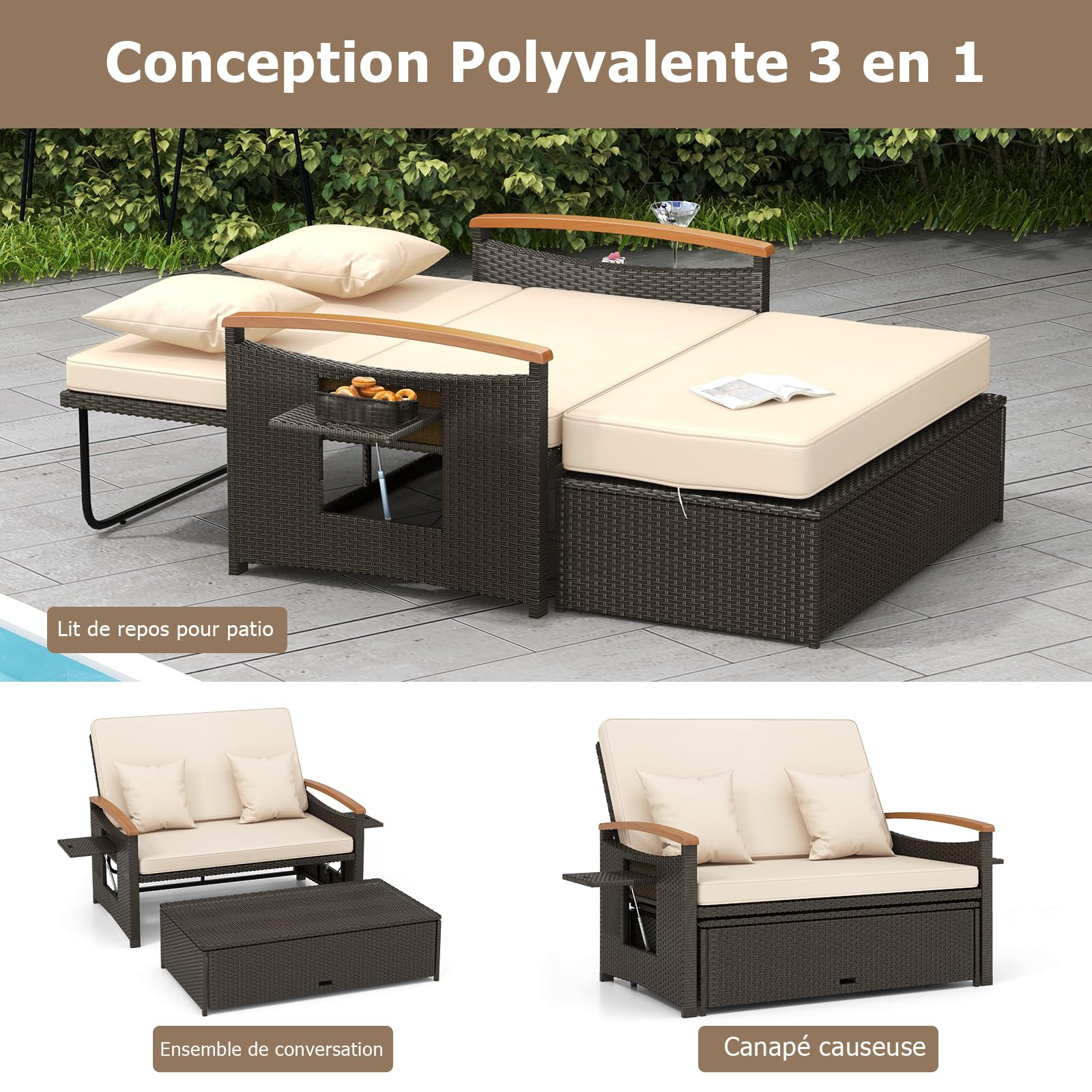 GYMAX 4-en-1 Canapé-Lit de Jardin, Table Basse, Ottoman, Coussins Oreillers Confortables, Dossier Réglable à 4 Niveaux, Salon de Jardin Exterieur en Rotin 2 Personnes, pour Patio, Terrasse, Piscine