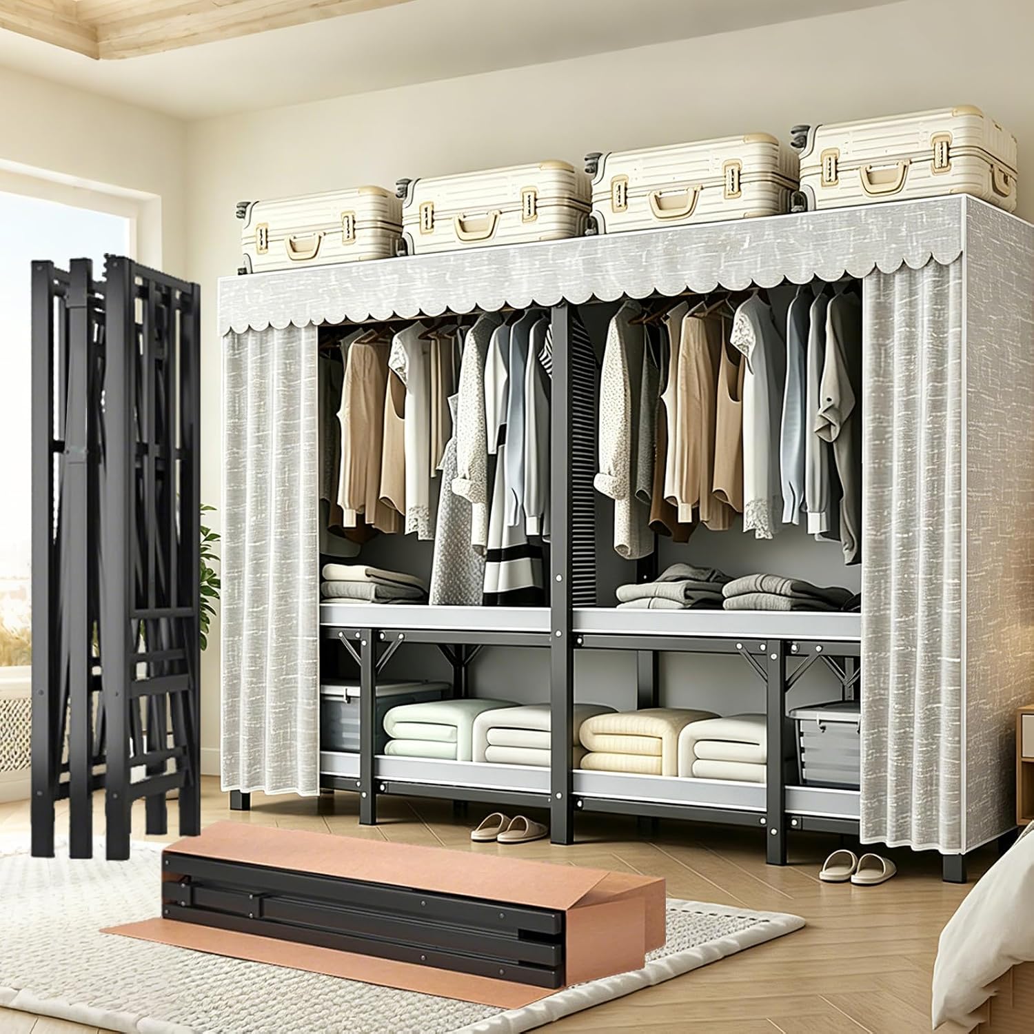 66in Heavy Duty Clothes Rack, Foldable Wardrobe Closet with Cover, Portable Freestanding Garment Storage System for Hanging Clothes, No Installation Required, Gray
