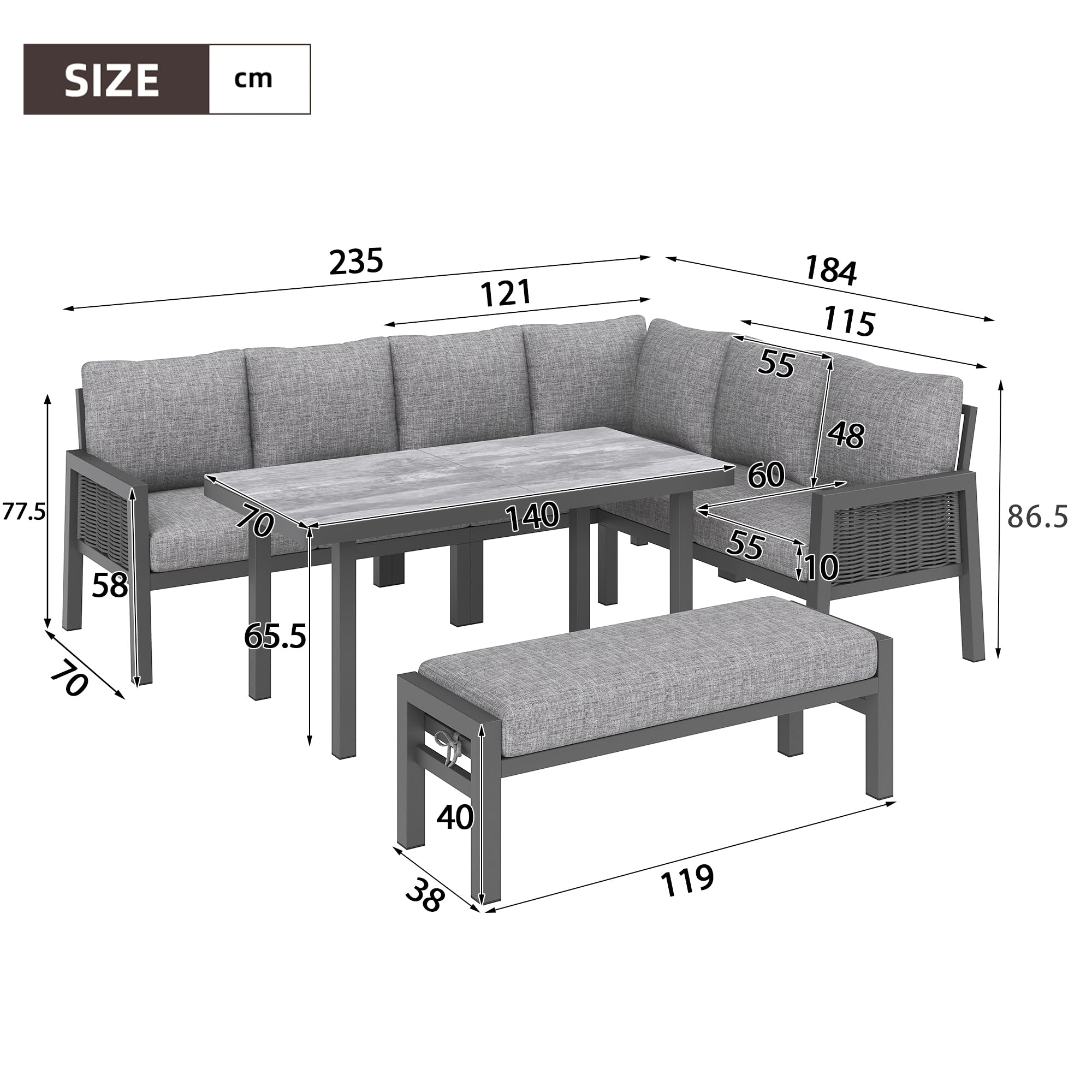 Set da pranzo da giardino per 8 persone, sala angolare e panca, polietilene intrecciato, acciaio zincato, piano in vetro, grigio