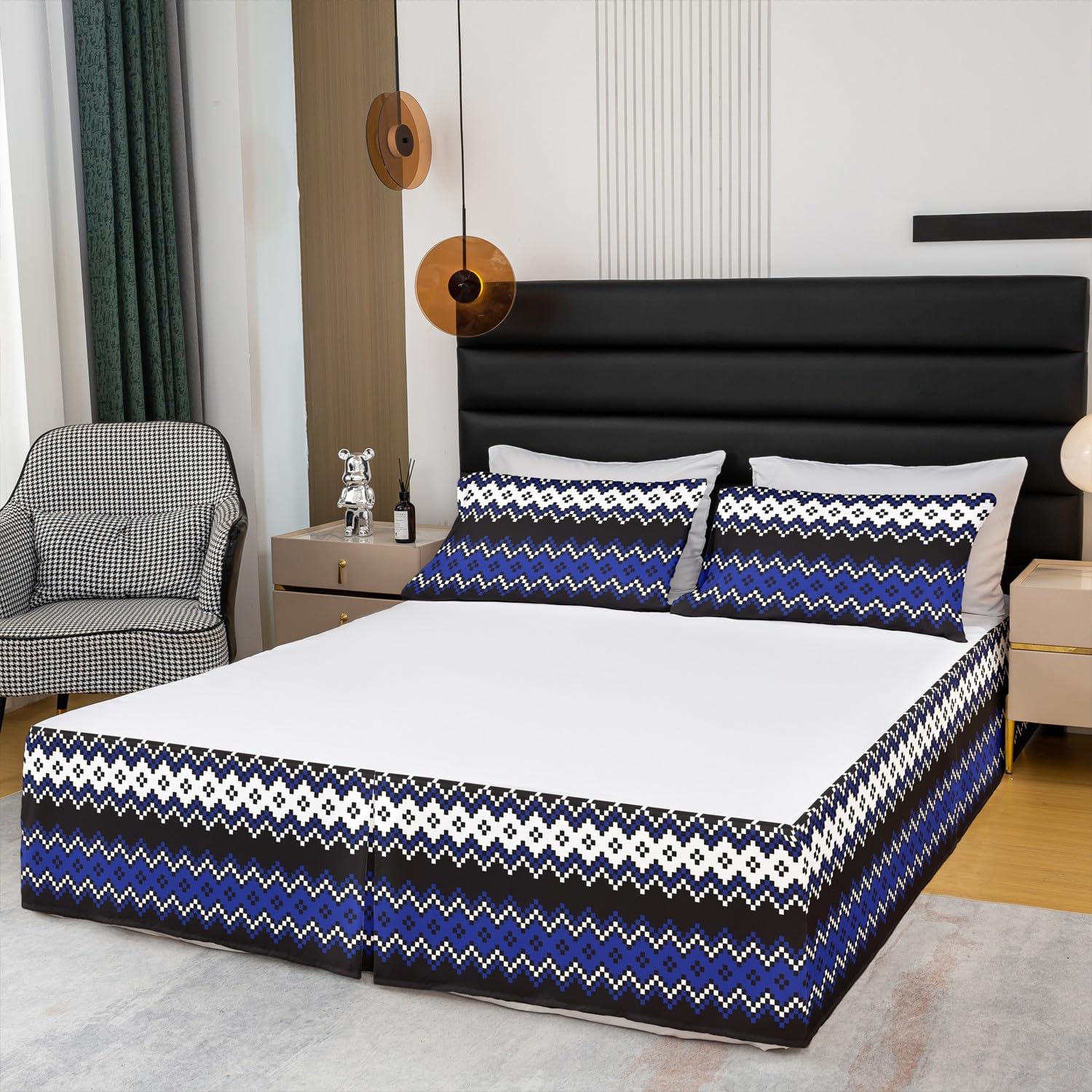 Erosebridal Buffalo Grid Bed Skirts Lattice Check Bed Skirt Hotel Microfiber Tailored Style Bedskirt (King, Blck White)