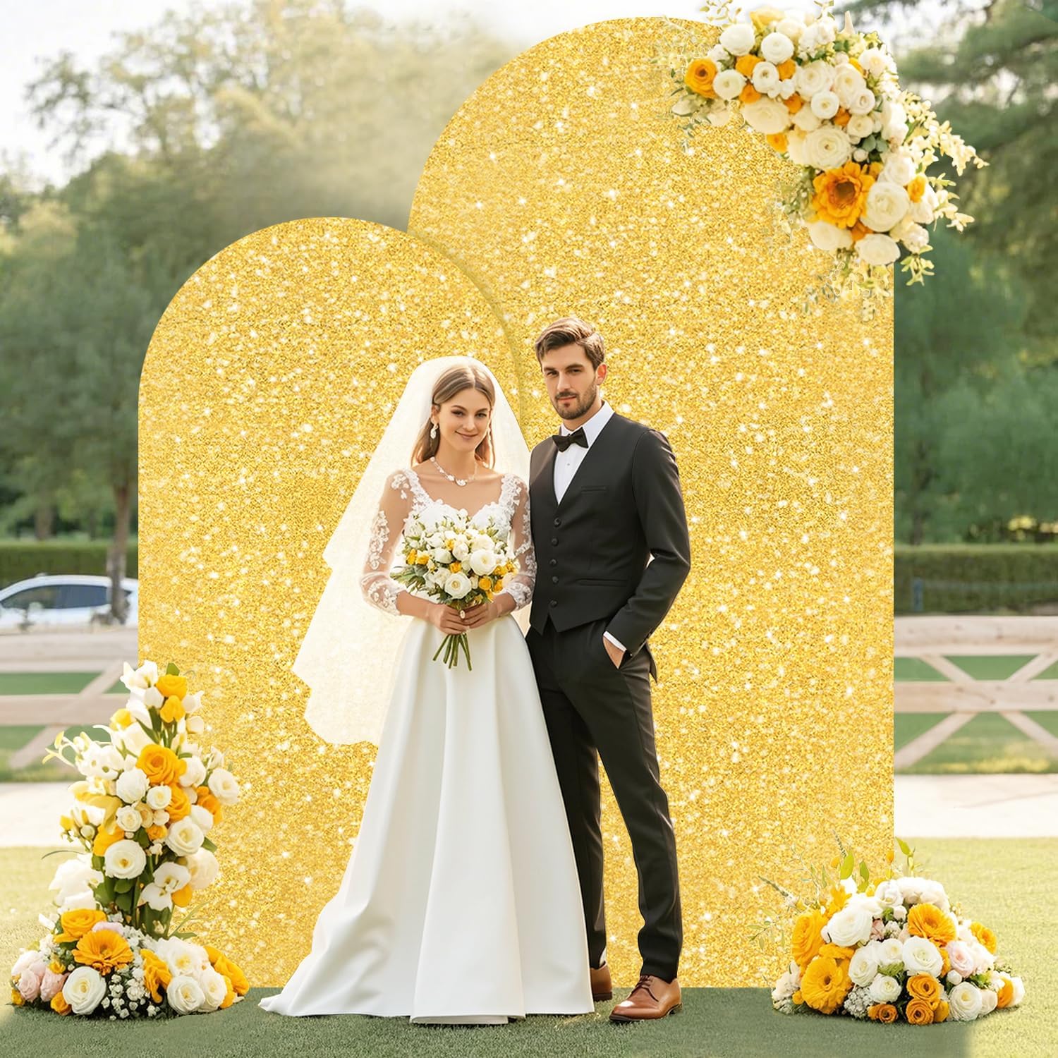 Set of 2 Arch Covers 7.2 and 6FT Wedding Arch Stand Covers Stretchy Backdrop Spandex Arch Backdrop Cover Gold Glitter Sequin Backdrops for Birthday Party Balloon Decor Outdoor Indoor image 3