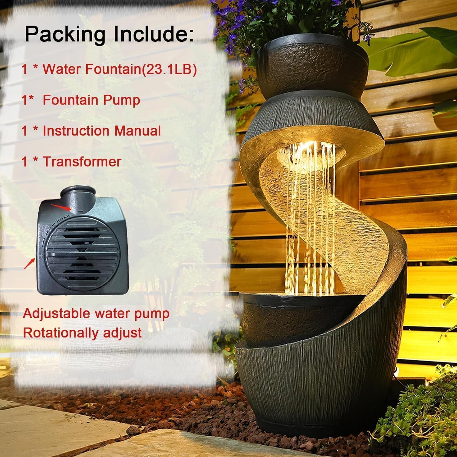 Sunlinua 31.9" S-Shaped Water Outdoor Fountain–Modern Cascading Waterfall Feature with LED Lights & Planter Bowl, Garden Fountains Outdoor for Patio, Balcony, Yard or Home Decor, Resin Waterfall