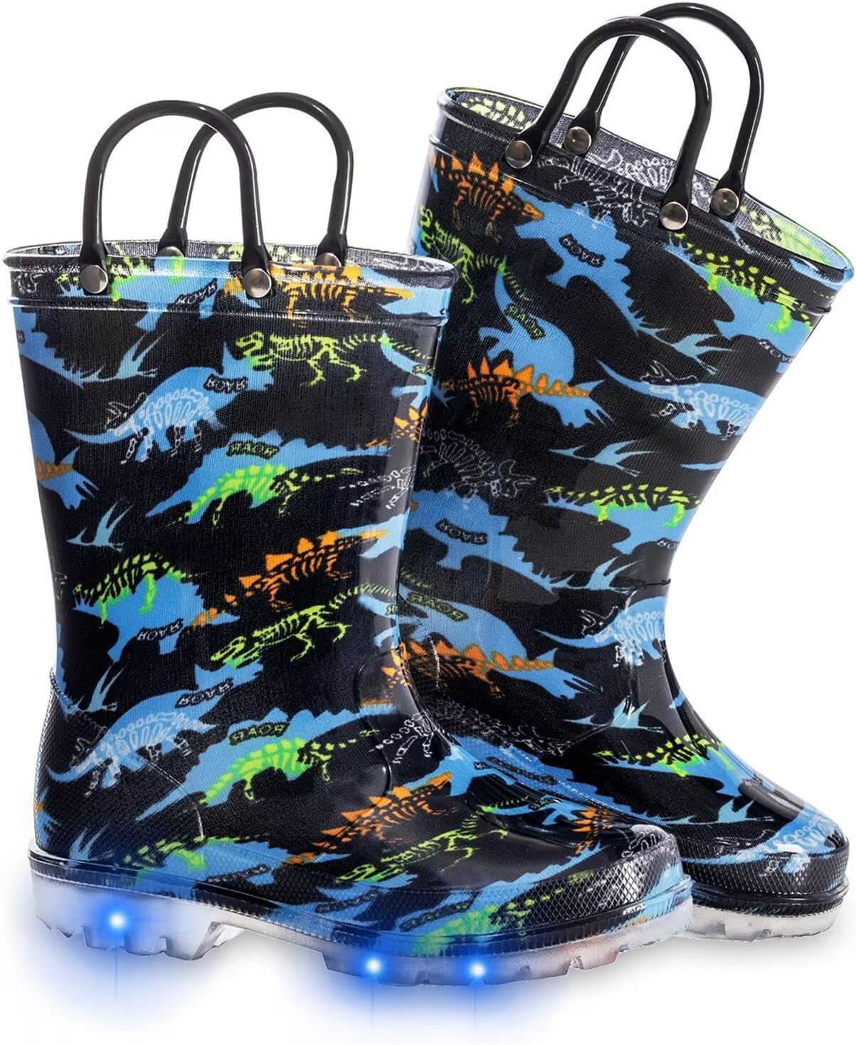 FUNCOO PLUS Toddler Kids Rain Boots Boys Girls Light Up Waterproof Boot with Handles