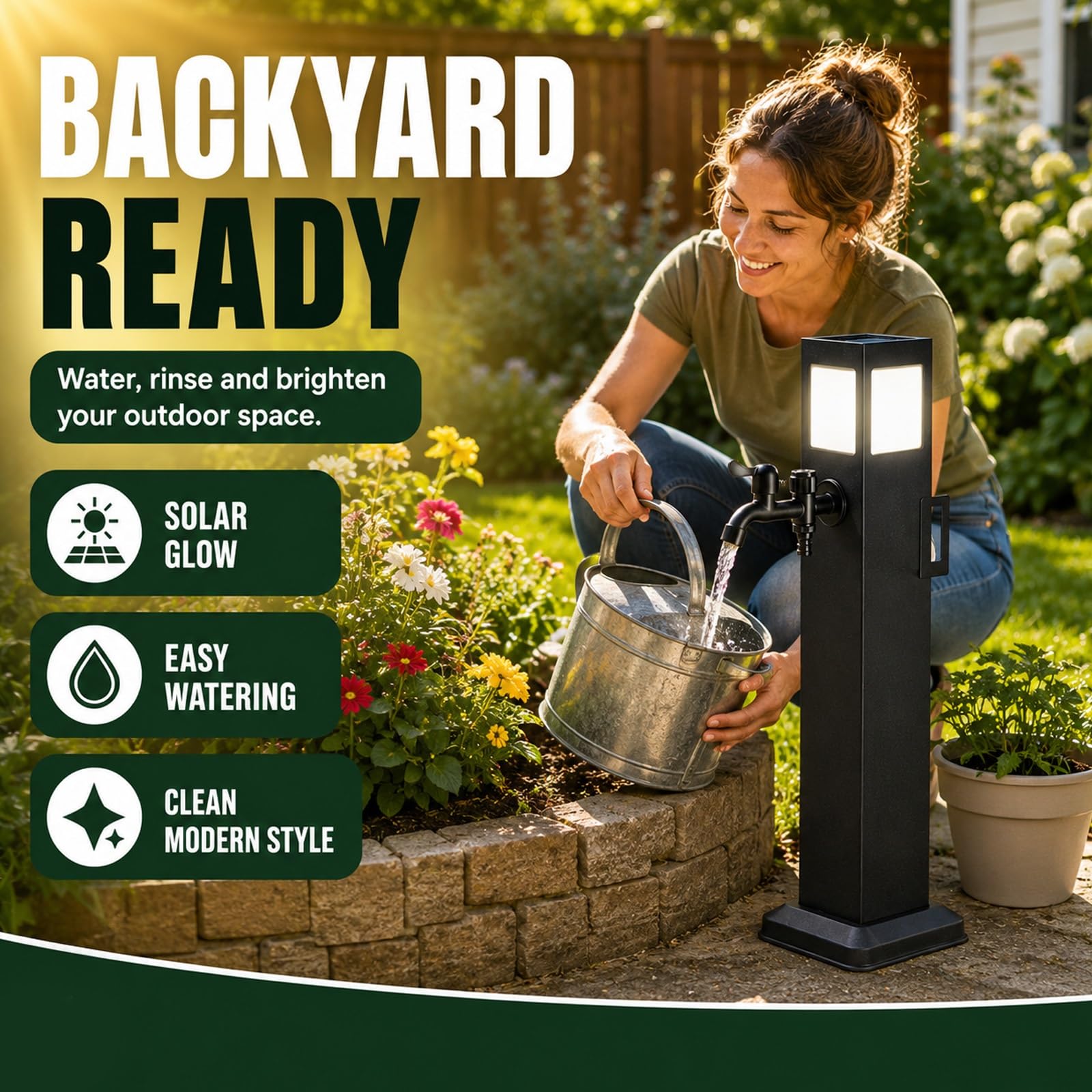 Columna de agua para exteriores con grifo, columna de acero inoxidable estación de toma de agua resistente a las heladas con luz solar para jardín, césped o patio