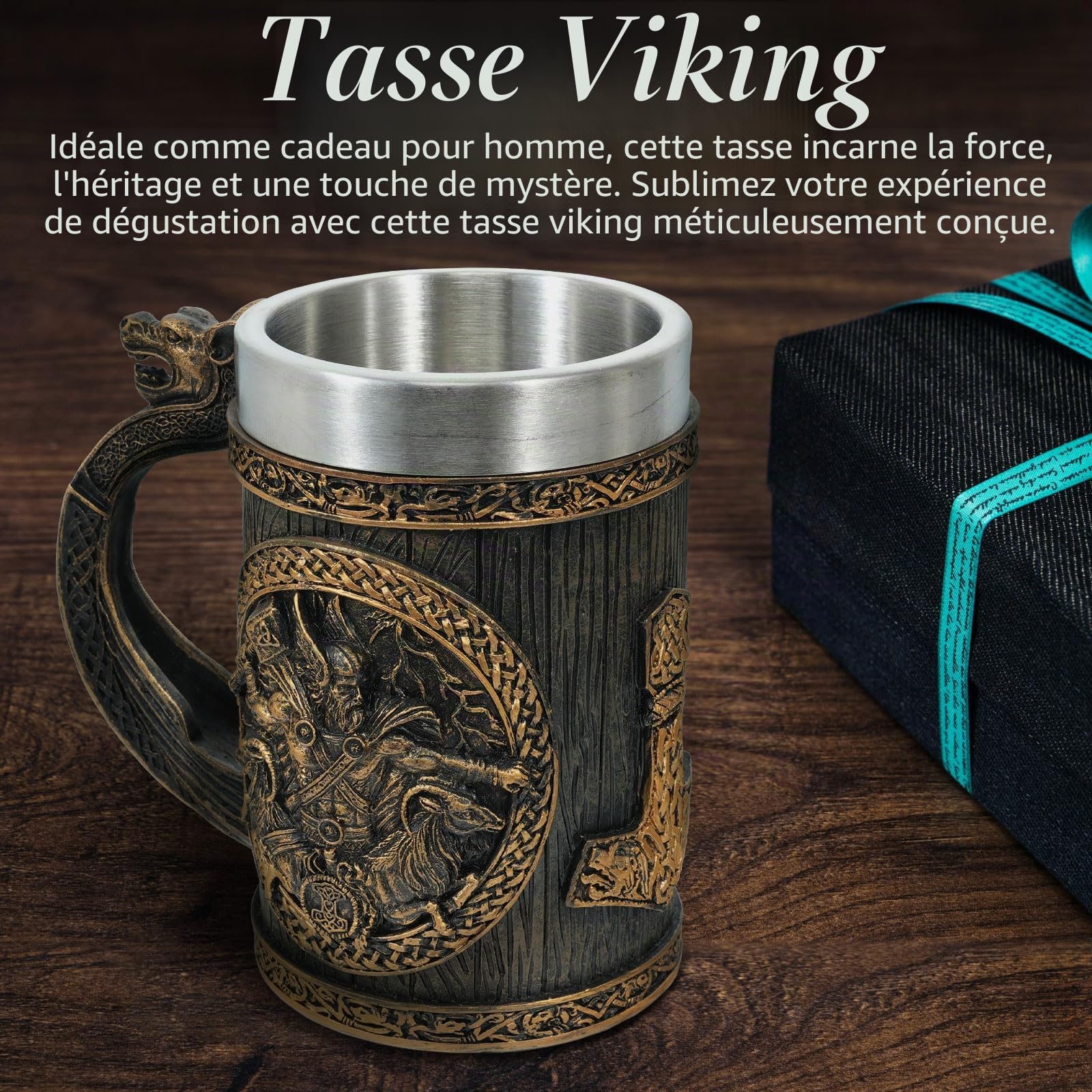 AtSKnSK Chope à bière viking en acier inoxydable avec une anse mythologie nordique marteau de Thor arbre de vie café chope à bière valhalla cadeau viking pour hommes et femmes (marteau de Thor)