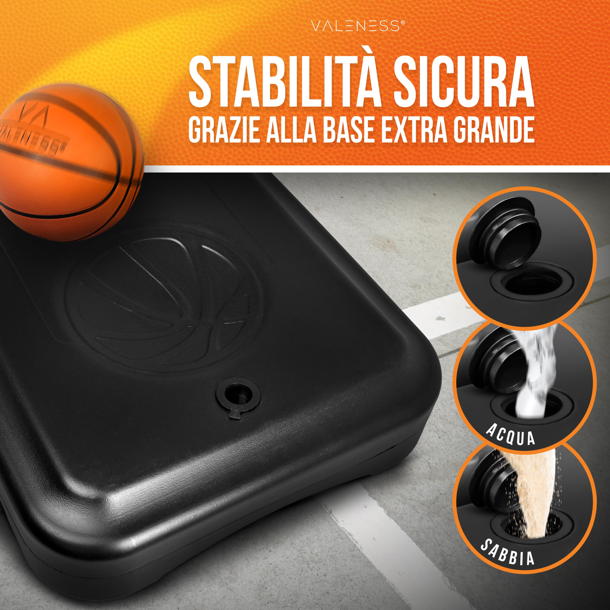 VALENESS® Canestro da basket da esterno – Supporto regolabile in altezza [135–305 cm] e resistente alle intemperie – Canestro professionale con pallone e pompa per bambini e adulti