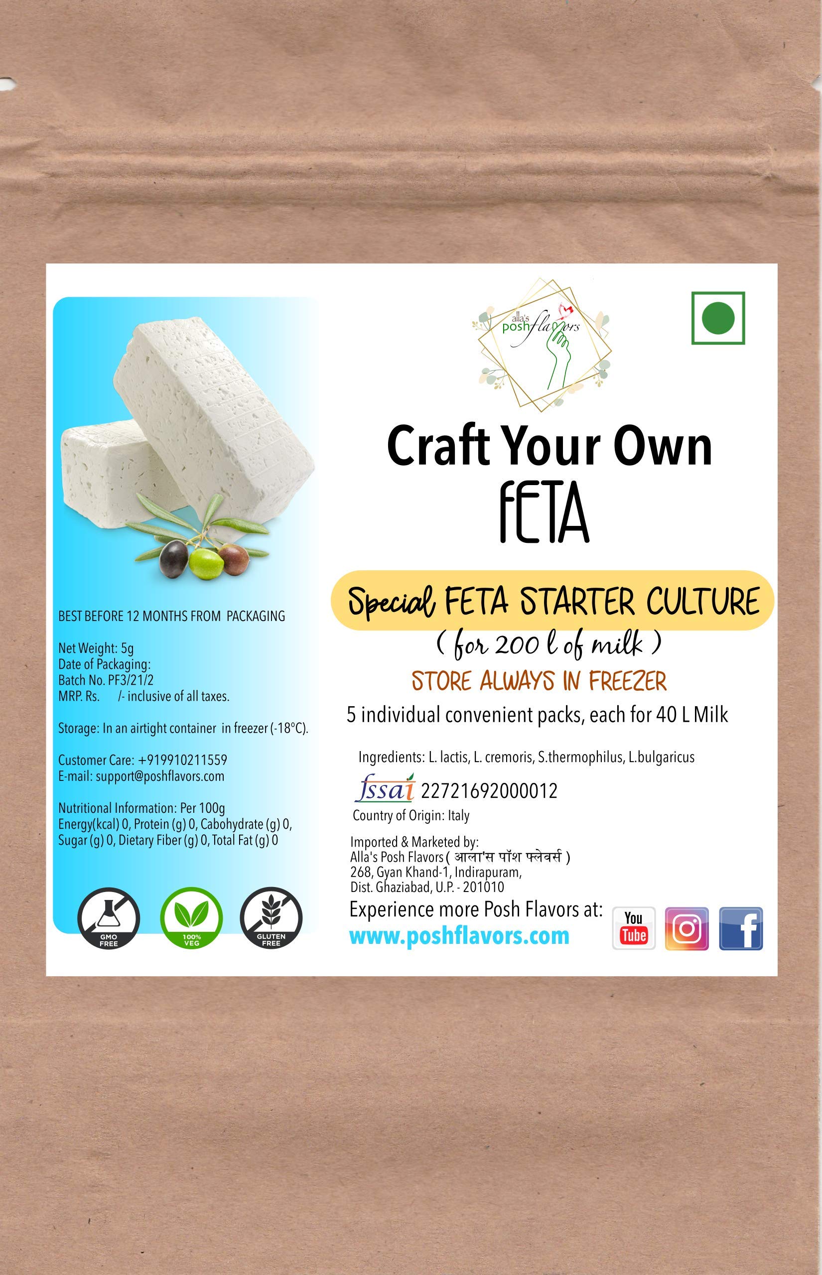 Posh Flavors Feta Cheese Starter Culture | 5 Convenient Sachets | Non-GMO, Gluten-Free | 100% Veg | Detailed Instructions Included (5sachets x 40L Milk) (B08YNYX5M9) Amazon Price History, Amazon Price Tracker