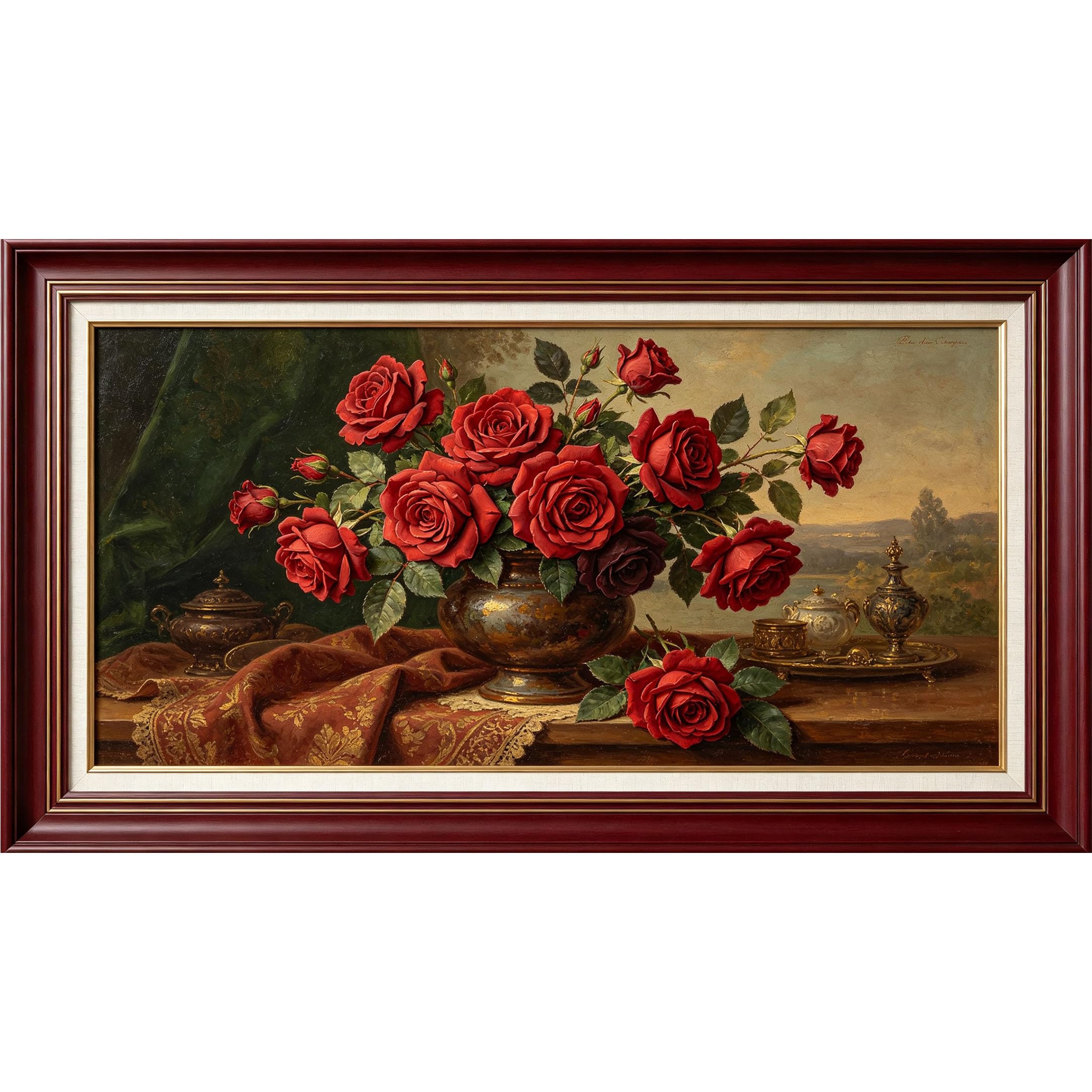 QZLITHOTIC 50x90cm3D Framed Wall Art， Vintage Oil Painting Red Rose Bouquet Still Life Self‑Adhesive Mural， Water‑Activated Peel & Stick Fabric Decor Wall Decal for Bedroom Living Room