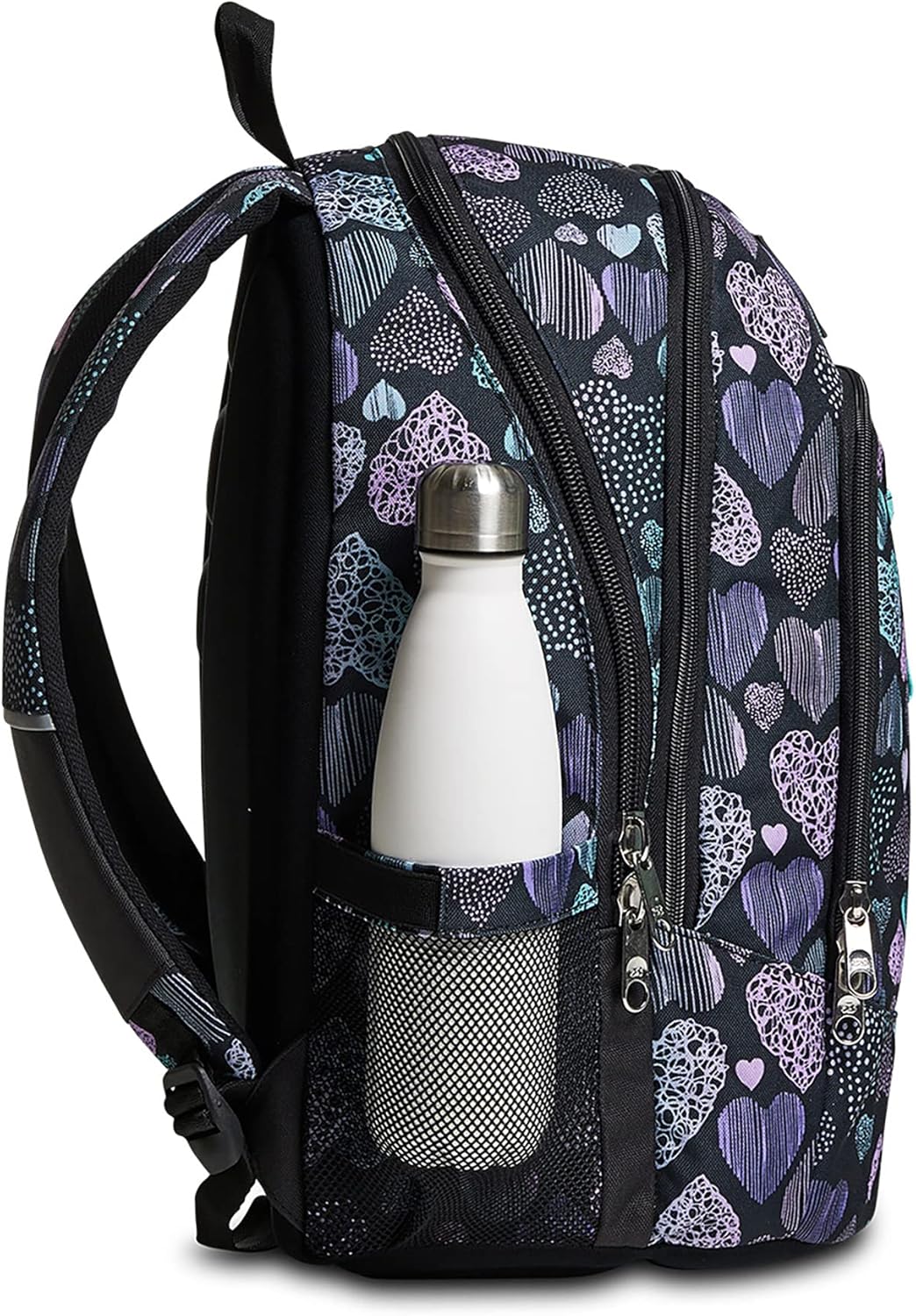 Zaino Scuola Seven Advanced - Patchyheart Girl Ragazza - Nero fantasia cuori - Doppio scomparto - Tasca porta borraccia Zaino Scuola Seven Advanced - Patchyheart Girl Ragazza - Nero fantasia cuori - Doppio scomparto - Tasca porta borraccia