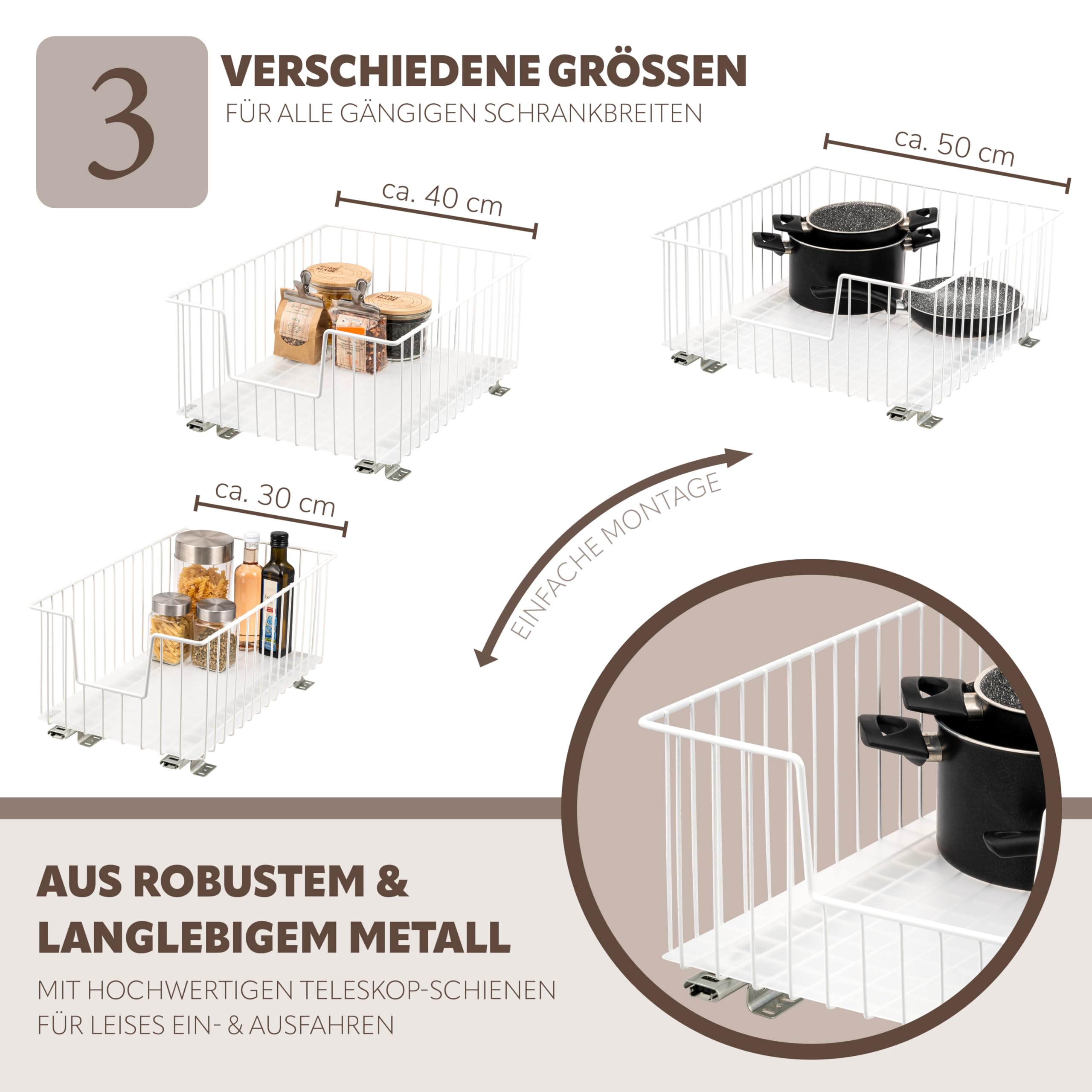 bremermann Schrank-Korbauszug 40 cm Breite mit Einlegeboden, Küchenschublade zum Nachrüsten, Vollauszug mit Teleskop-Schienen, ideal für Küche, Bad & Schlafzimmer, aus Metall (Weiß)
