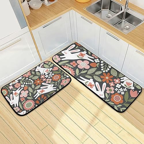 Miniatura 7 de Easter Flower Bunnies Kitchen Mat Set Anti Fatigue Cushioned Kitchen Rugs 2 Pieces Non Slip Washable Carpet Floor Runner for Bathroom Inside Door