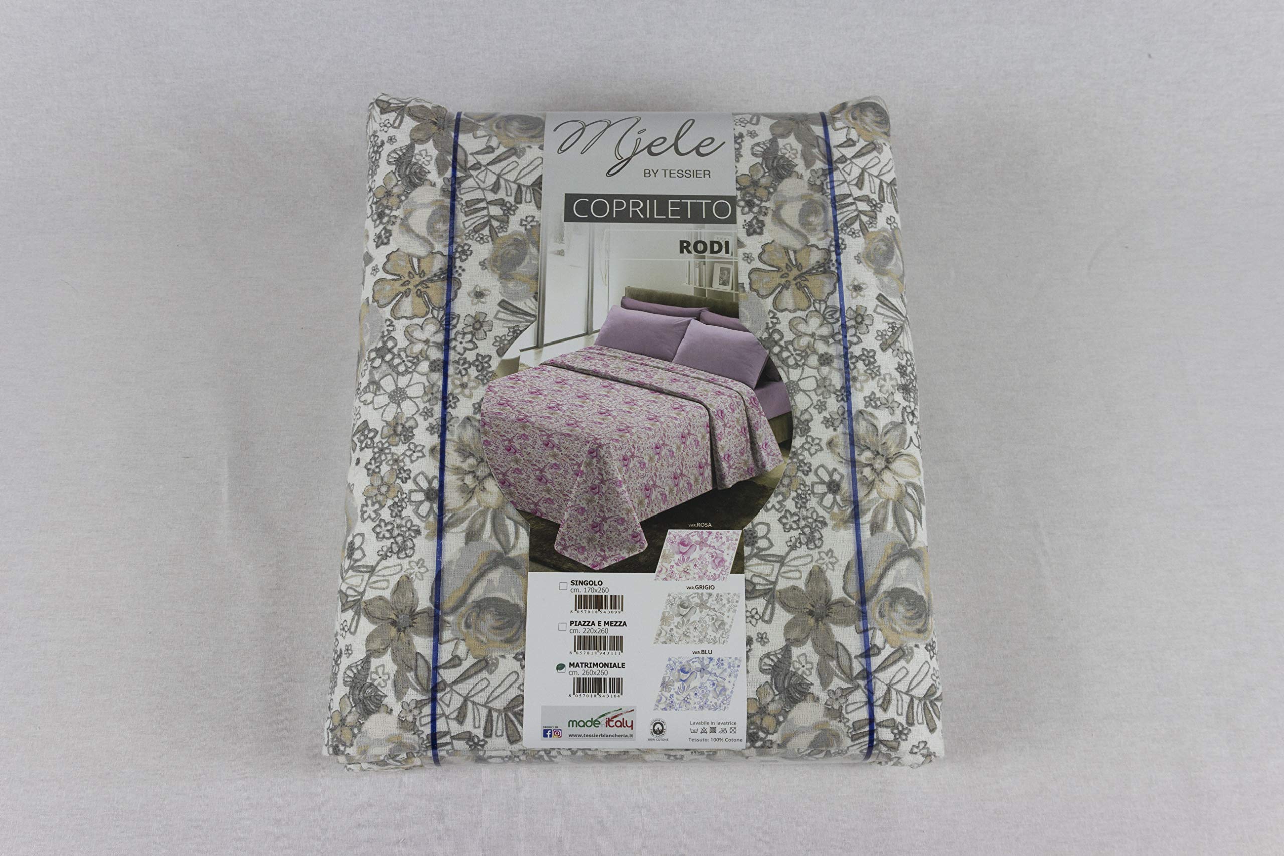 Copriletto Estivo ACQUERELLO Made in Italy 100% Cotone Piquet savana. maculato 5 colori fresco, copridivano, copriletto, copritutto, telo arredo (matrimoniale, RODI grigio)