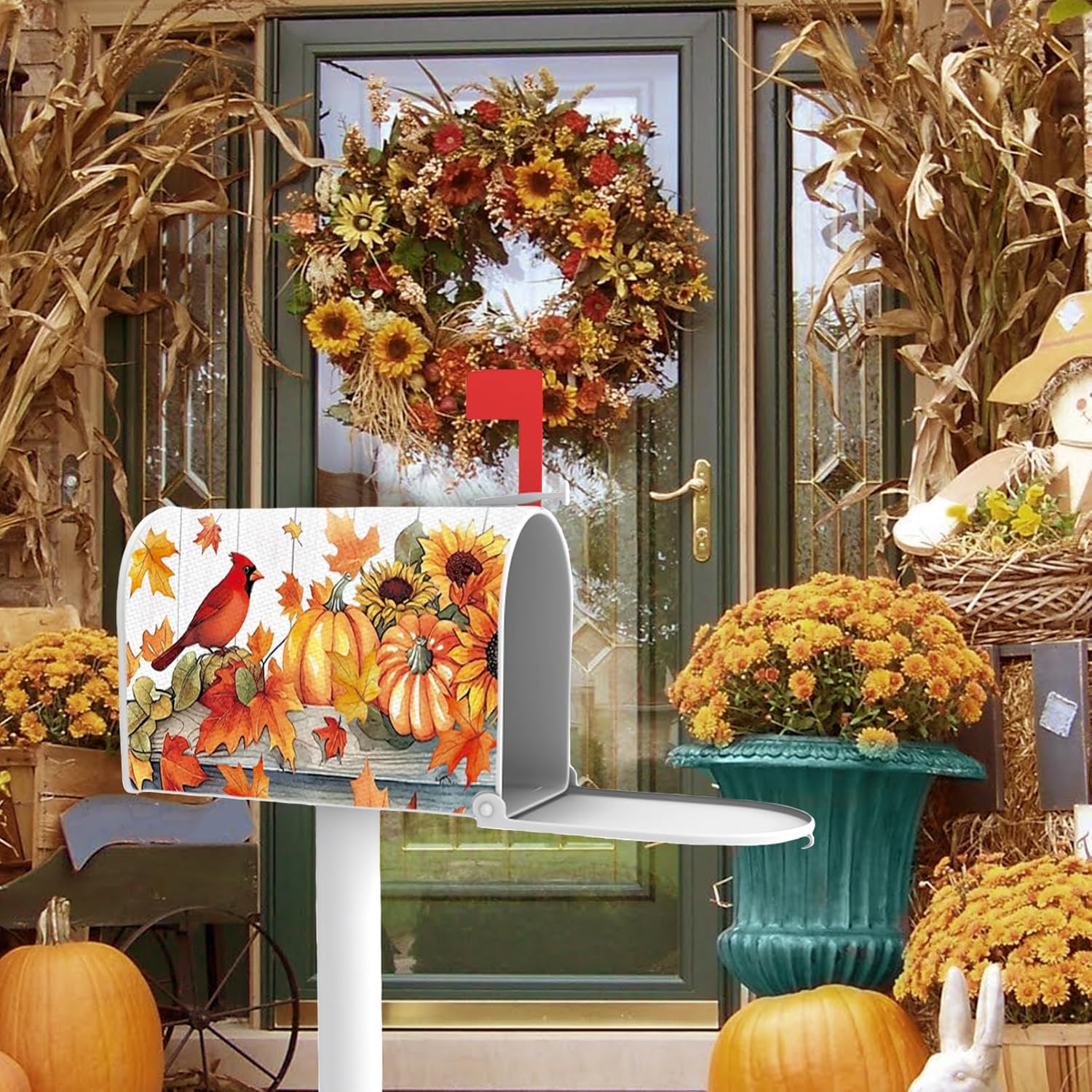 Fall Pumpkin Cardinal Mailbox Cover Magnetic Standard Size 20.5" x 18" Autumn Thanksgiving Sunflower Maple Leaves Decorative Post Letter Box Wrap Decor Farmhouse Garden Yard Outdoor Decoration