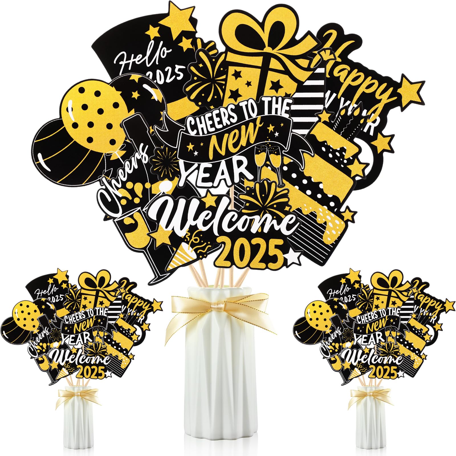 Relaxgiant 24 Pcs Happy New Year Table Decorations 2025 Centerpiece Sticks New Years Eve Toppers for Holiday Theme Party Hello 2025 Supplies