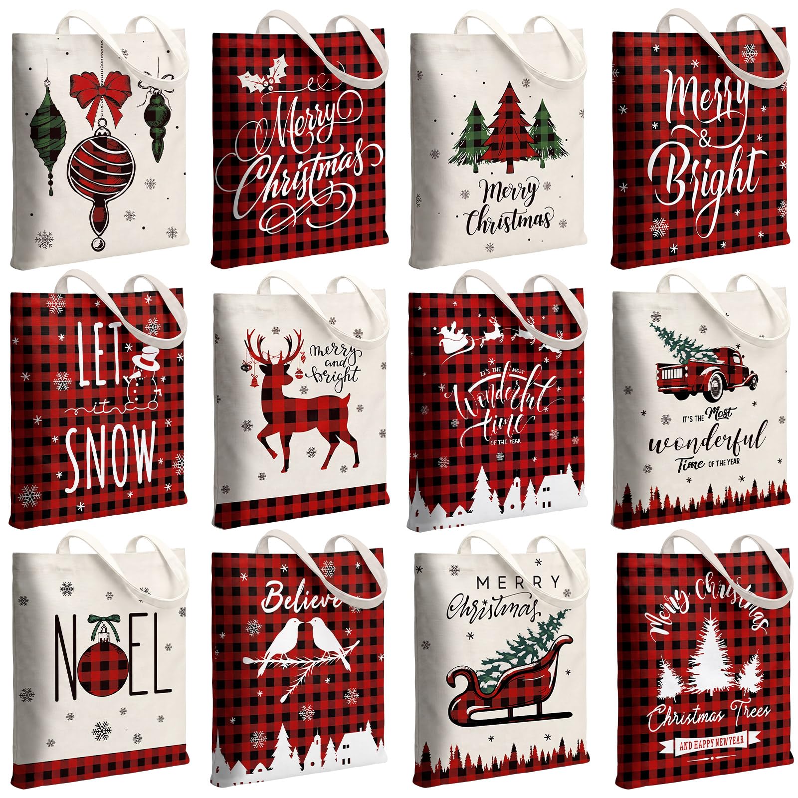 Paterr 12 Pcs Christmas Canvas Tote Bags Bulk Reusable Red Black Buffalo Plaid Christmas Gift Bags with Handles Xmas Tree Reindeer Truck Canvas Handbags for Women Xmas Gifts Farmhouse Party Decor