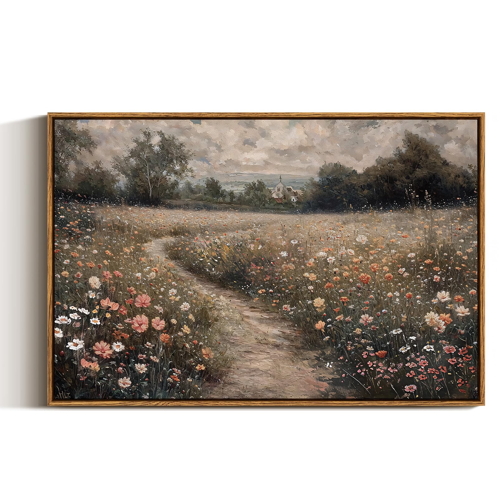 VIYYIEA Framed Canvas Wall Art Home Decor Vintage Large Landscape Country Wildflower Paintings Farmhouse Pictures Floral Artwork Rustic Flower Prints Cottagecore Living Room Bedroom Bathroom 20x30in
