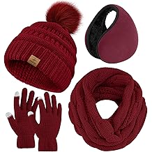 4-In-1 Winter Warm Sets Knitted Scarf Touch Screen Gloves Beanie Pompom Hat and Winter Ear Warmer for Men or Women