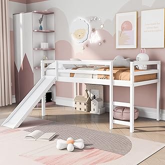 Bellemave Low Loft Bed with Slide,Wood Twin Size Loft Bed for Kids,Wood Low Loft Bed Frame with Climbing Ladder & Safety Guard Rail.(White)