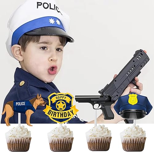 Miniatura 8 de Decoración para cupcakes de policía, 36 piezas de selecciones de fiesta, decoración de cumpleaños de policía, decoraciones temáticas para pasteles