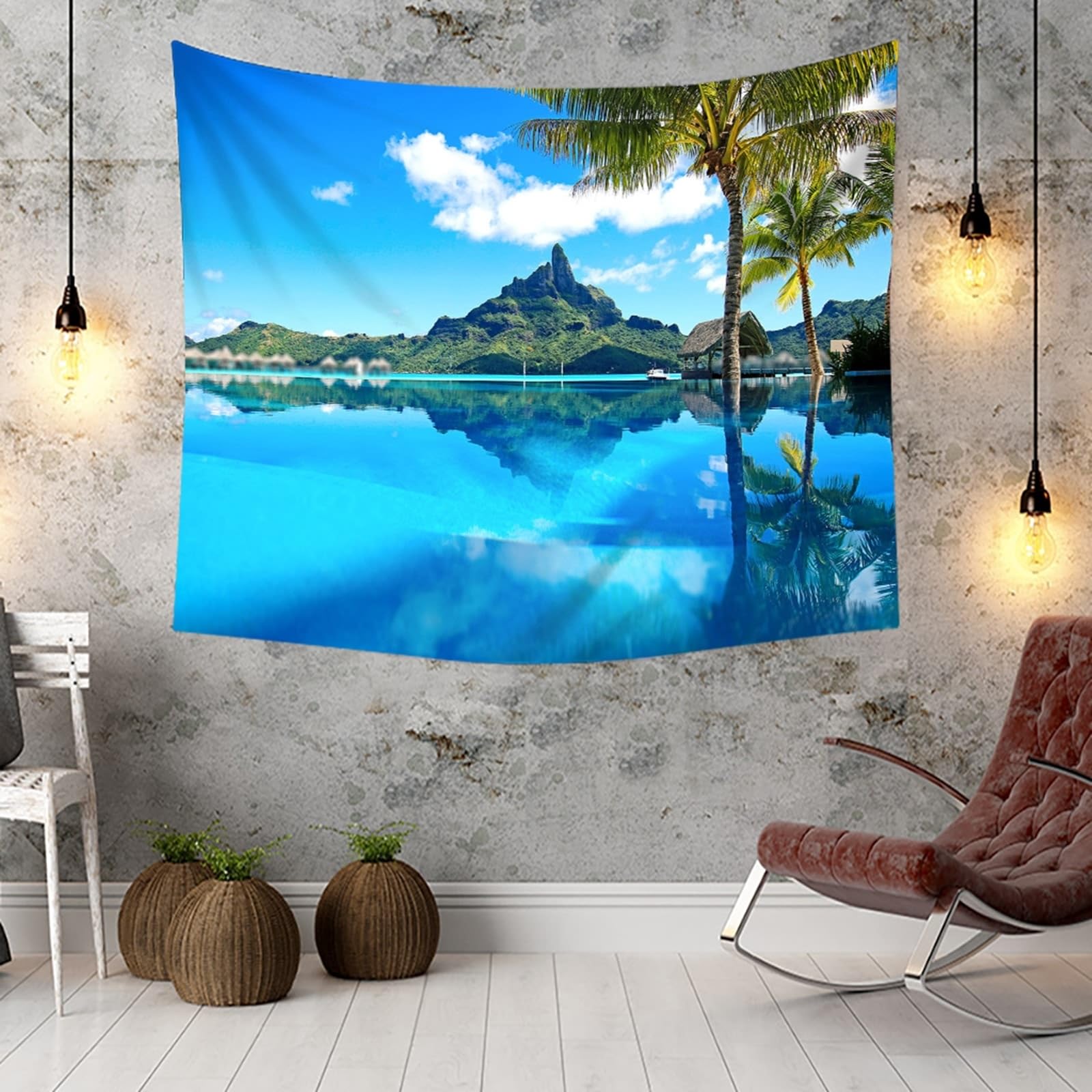 KnSam Tapisserie Wandbehang, Kokosnussbaum Berg Meer Wandteppich Landschaft Natur Tapisserie Polyester Wandbehänge für Wohnzimmer Kinderzimmer, Blau Grün, 240x220cm