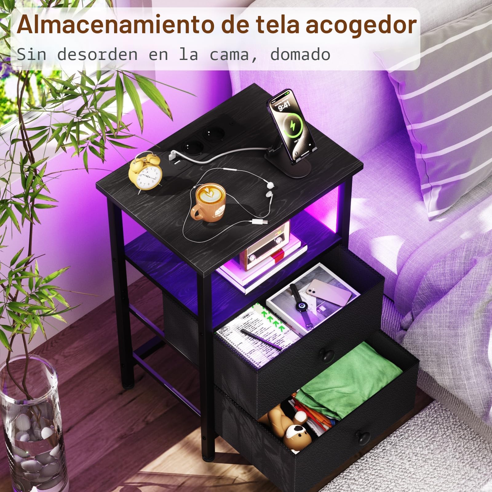AMHANCIBLE Mesita de Noche, Mesitas de Noche con Estación de Carga, Mesa Auxiliar con 2 Cajones de Tela, 2 Tomas AC, 2 Puertos USB, Dormitorio, Salón, Estudio, Negro, EHETS02BK-1