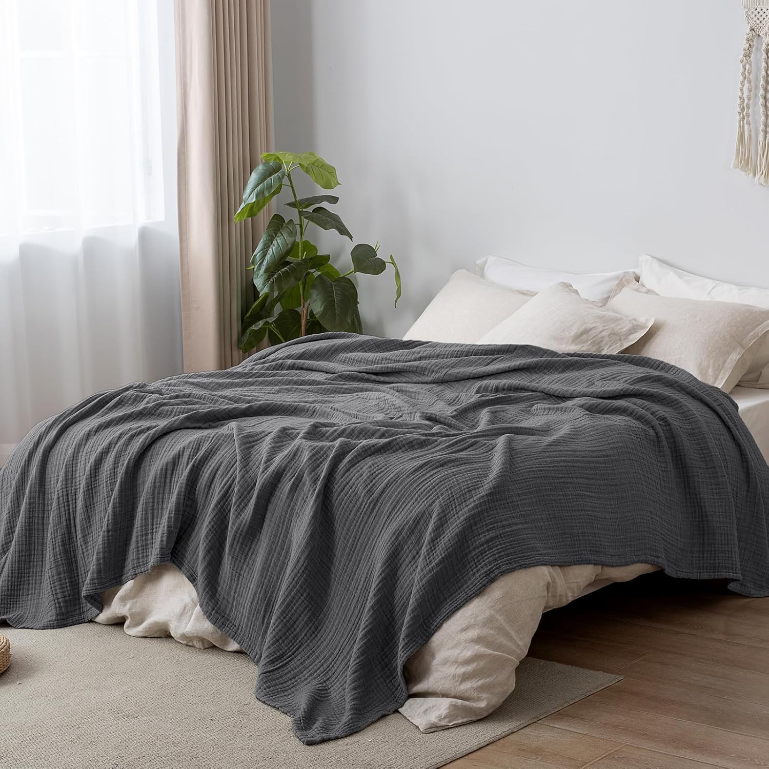 PHF 100% Cotton Muslin Blanket King Size 108"x90", 4-Layer Lightweight Gauze Throw, Breathable Cloud-Soft Minimalist Blanket for Bed, Couch, Camping & Baby, Greyish Black, Ideal Gift - Image 8