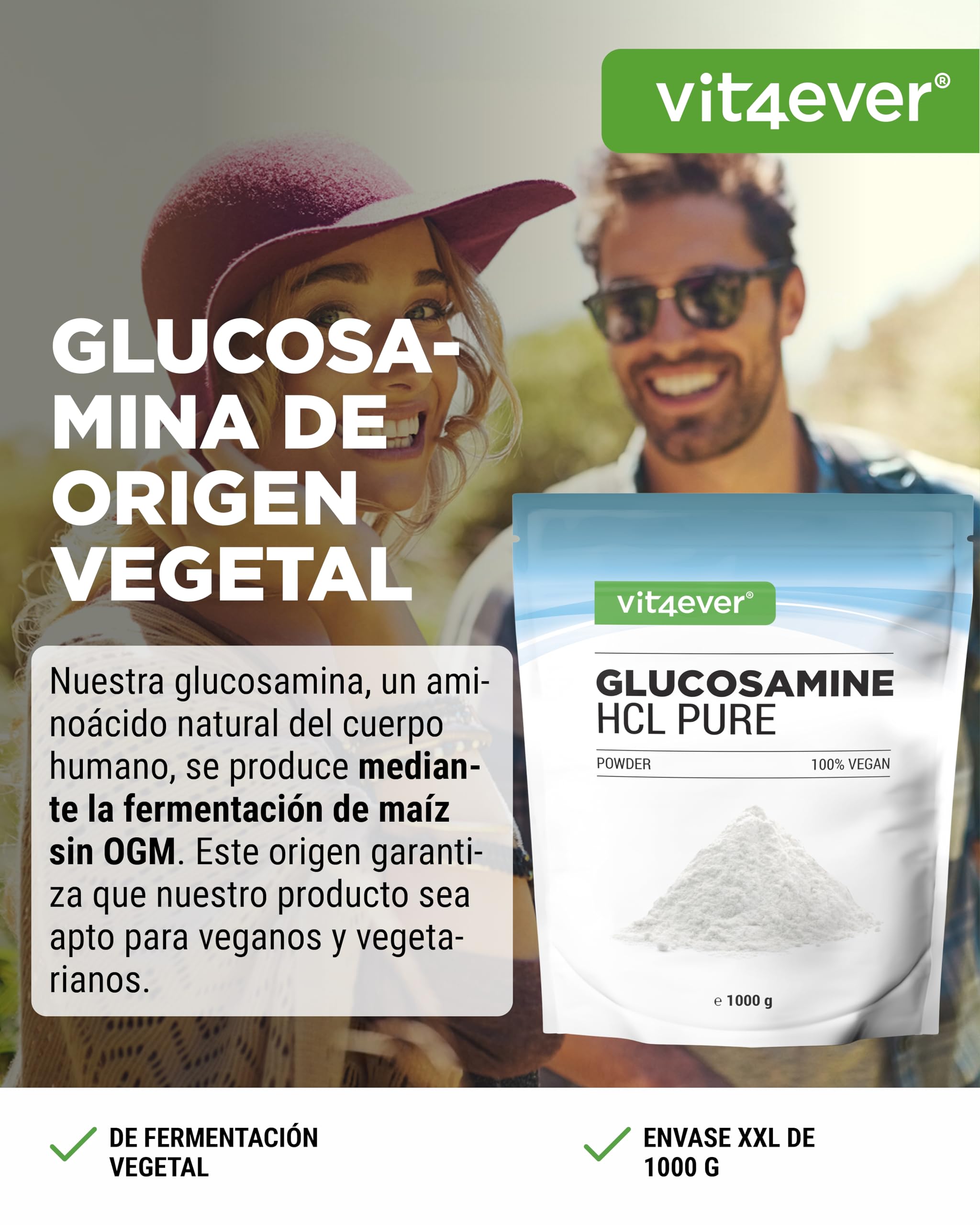 Glucosamina HCL Pura - 1000 g (1 kg) de polvo puro sin aditivos - De fermentación vegetal - Vegano - Altamente dosificado