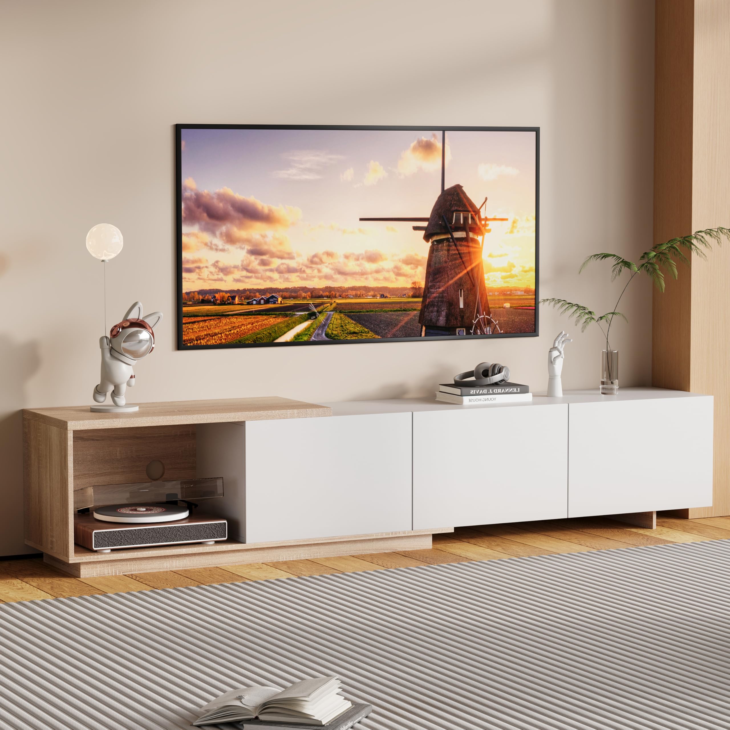 BRILVERDE Credenza TV Regolabile Moderna 163-240 cm, Bianco con Luci LED, 3 Cassetti - Mobile Soggiorno a Bassa Altezza, Finitura Lucida Effetto Legn (Bianco)