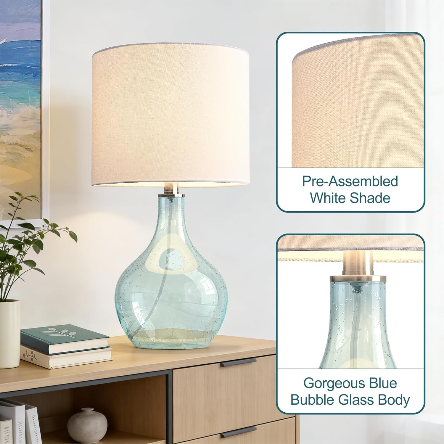 Maxax Blue Glass Table Lamp, Coastal Bedside Lamp with for Living Room, 22" Modern Bubble Glass Bedroom Lamp for Nightstand, House, Office