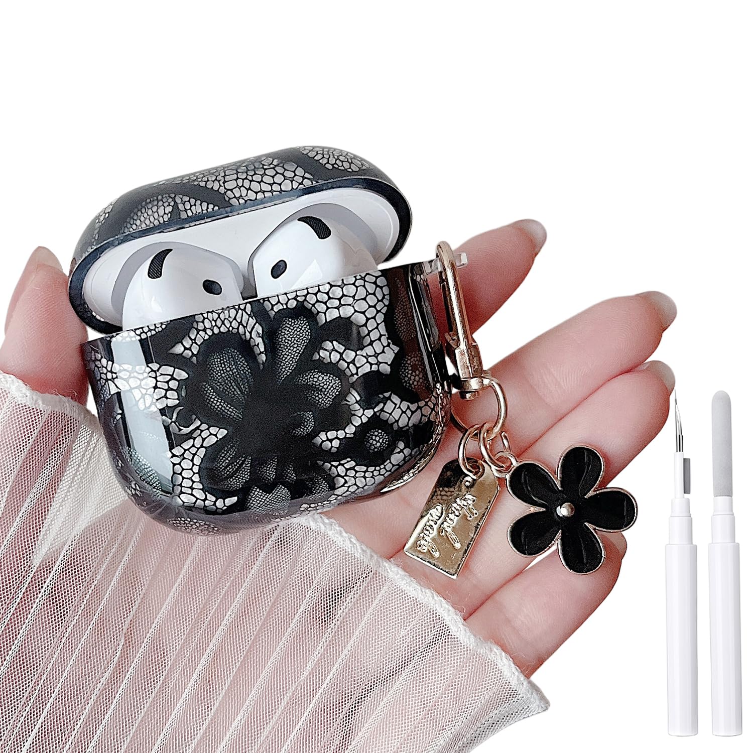 MINSCOSE for AirPods 4 Clear Case,Cute Lace Flower Pattern Design with Trendy Keychain,Soft TPU Protective Shockproof Cover with Cleaner Kit for Girls Women for AirPods 4-Black