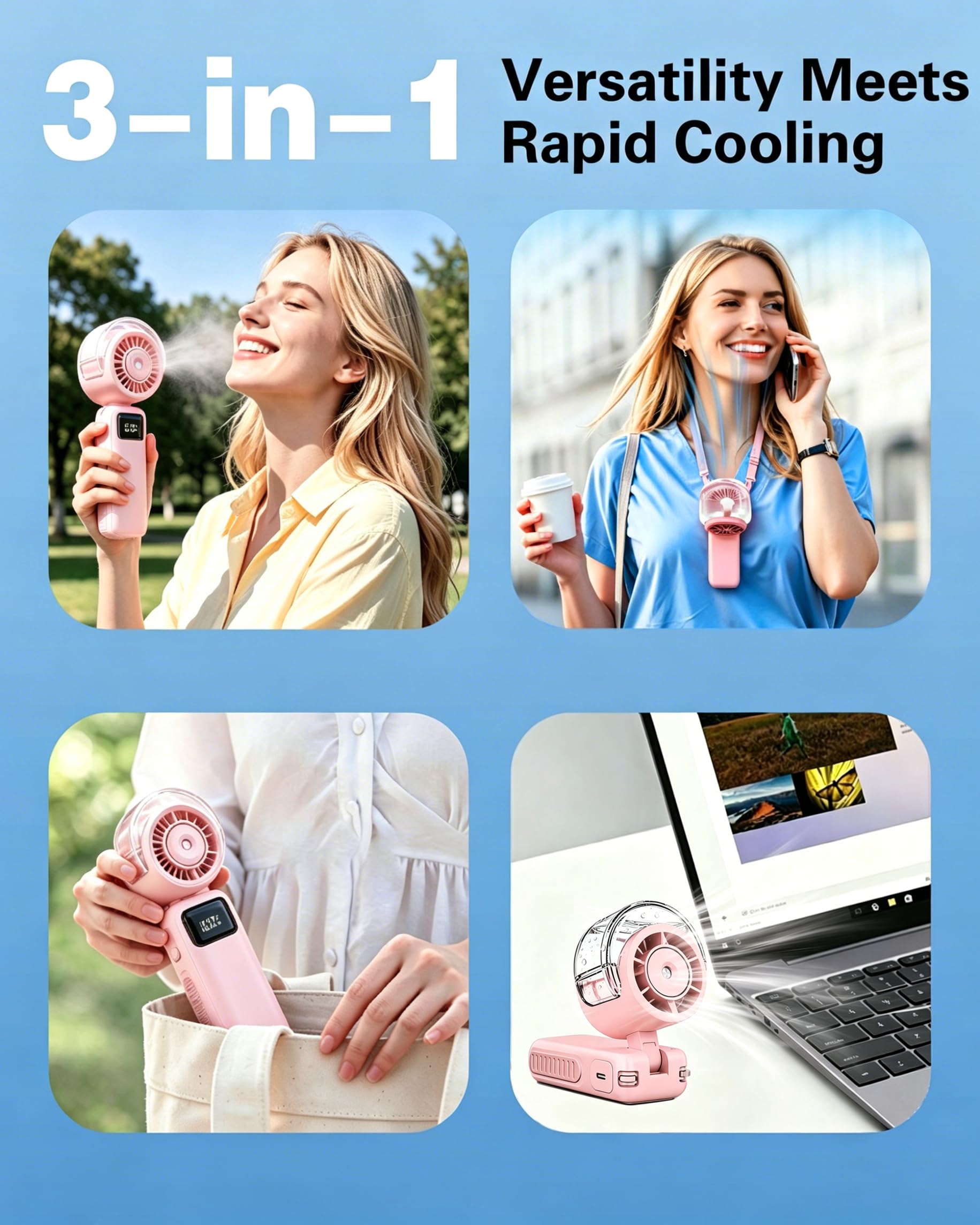 Ventilador portátil de mano plegable, ventilador de refrigeración personal recargable por USB de 6000 mAh, mini ventilador de pulverización de agua de 5 velocidades, ventiladores turbo 3 en 1 de mano