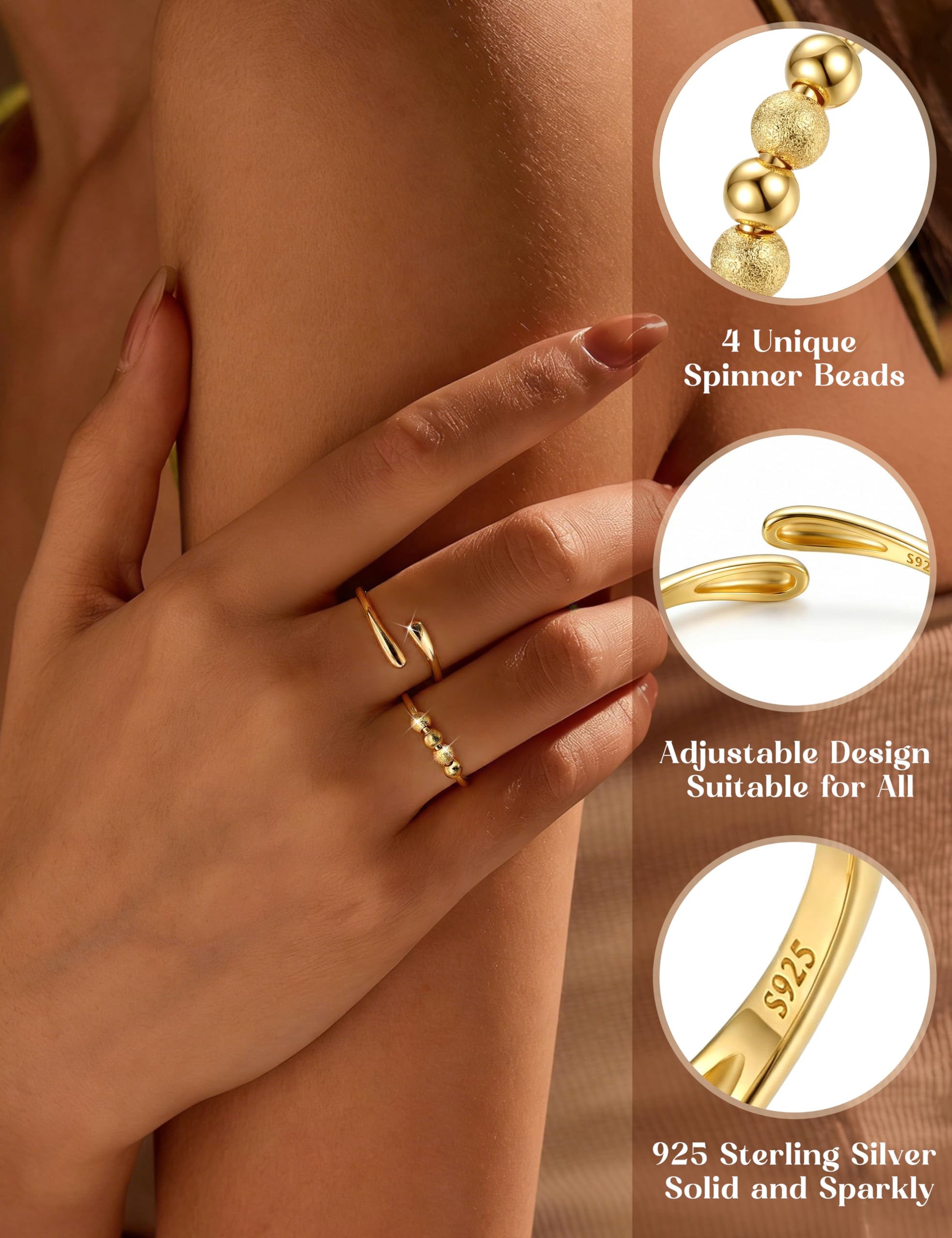 Feng Shui， Anillo antiestrés para Mujer de Plata de Ley 925, Anillo Ajustable para ansiedad con Cuentas, Anillos giratorios para ansiedad, niñas, Oro, Plata, Anillos para aliviar el estrés, Regalos
